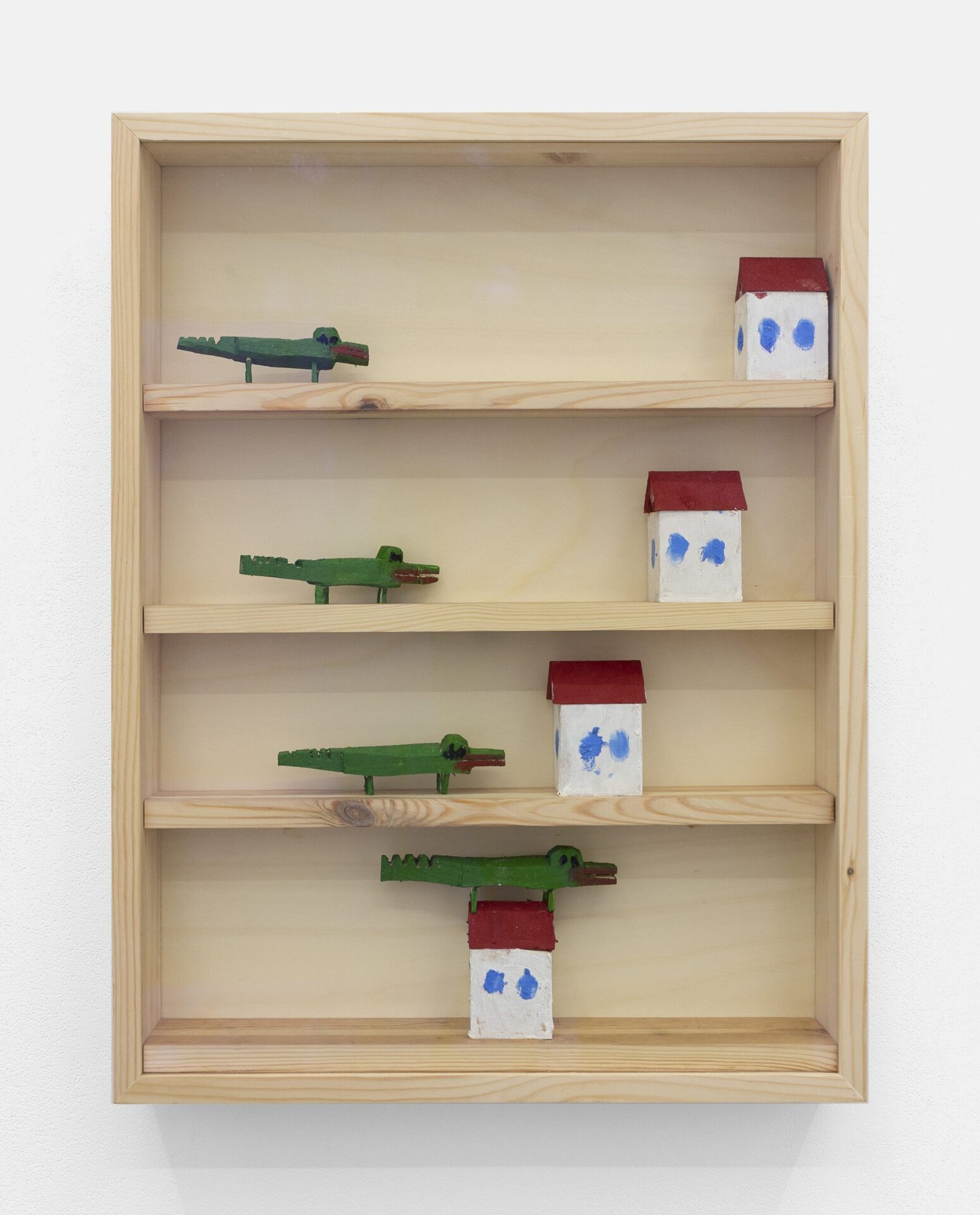 KROK HAUS BESETZT, 2021, Oilstick on wood, glass, 62 x 47 x 9 cm