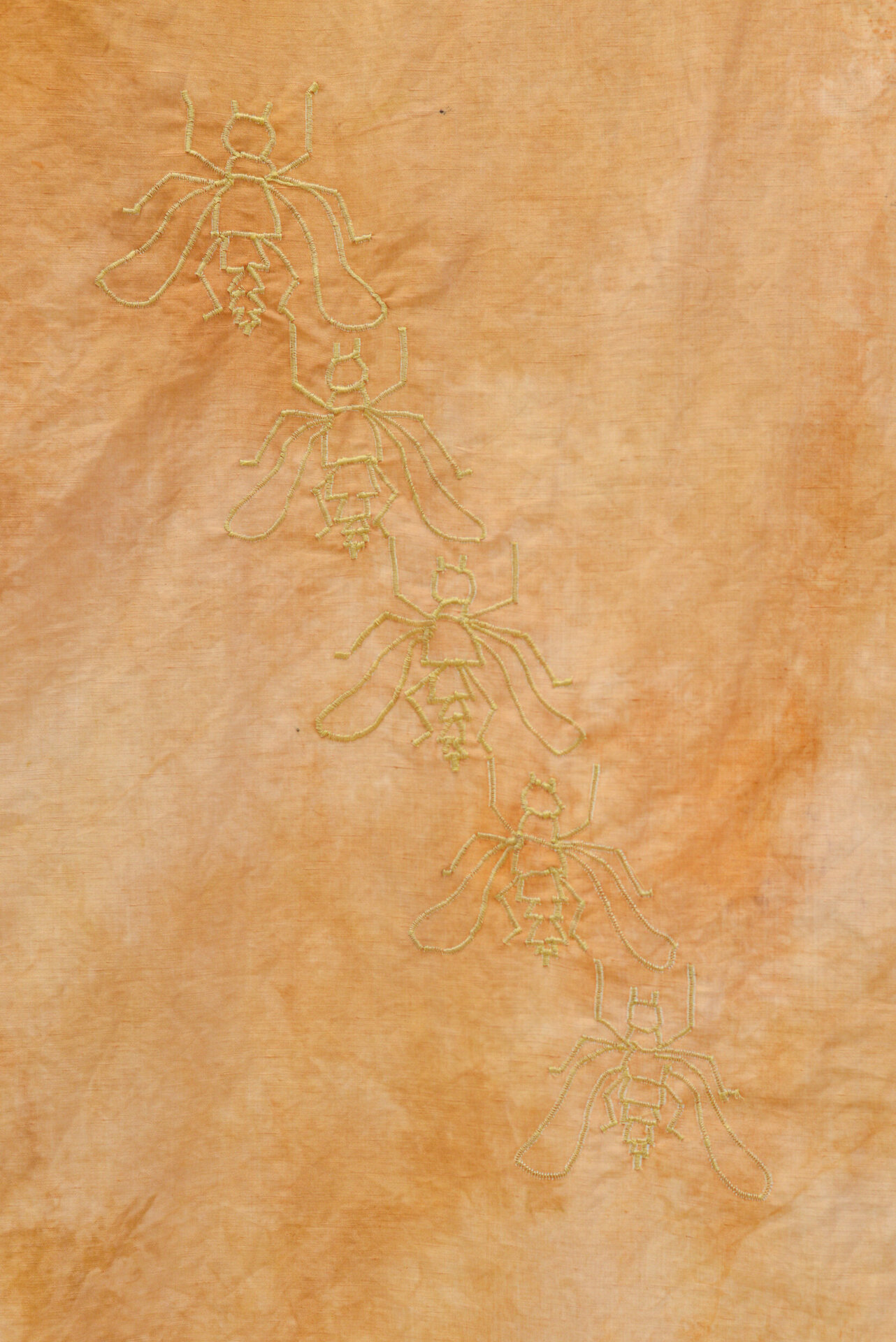 Anna Reutinger, A string of bees sticking together. Onion skins, iron, embroidery, cotton/linen, 2021