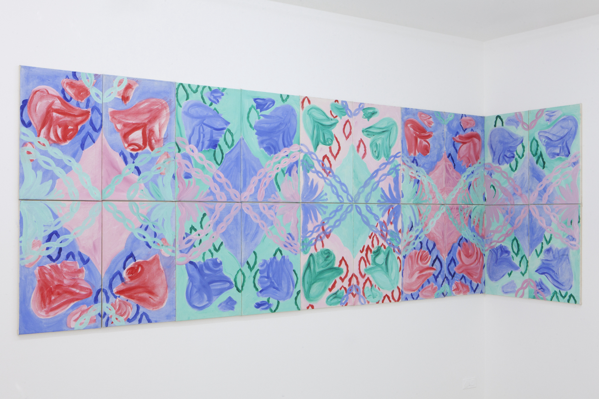 Anna Slobodnik Blumenfries, 2020, oil on canvas, detail, exhibition view: WERK.STOFF Painting Award, Heidelberger Kunstverein, 2021. © Markus Kaesler & HDKV Courtesy the artist