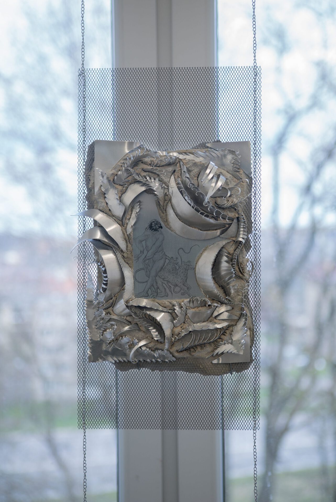 Anastasia Sosunova, Relic I, 2021. Zinc, concrete, aluminium, stickers