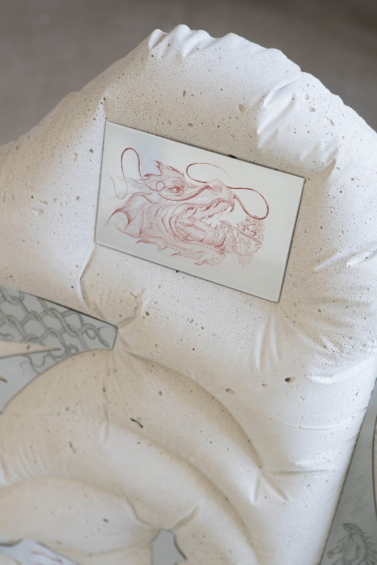 Anastasia Sosunova, Spoilsport, 2021 (detail). Concrete, steel, zinc, spray paint, etching ink