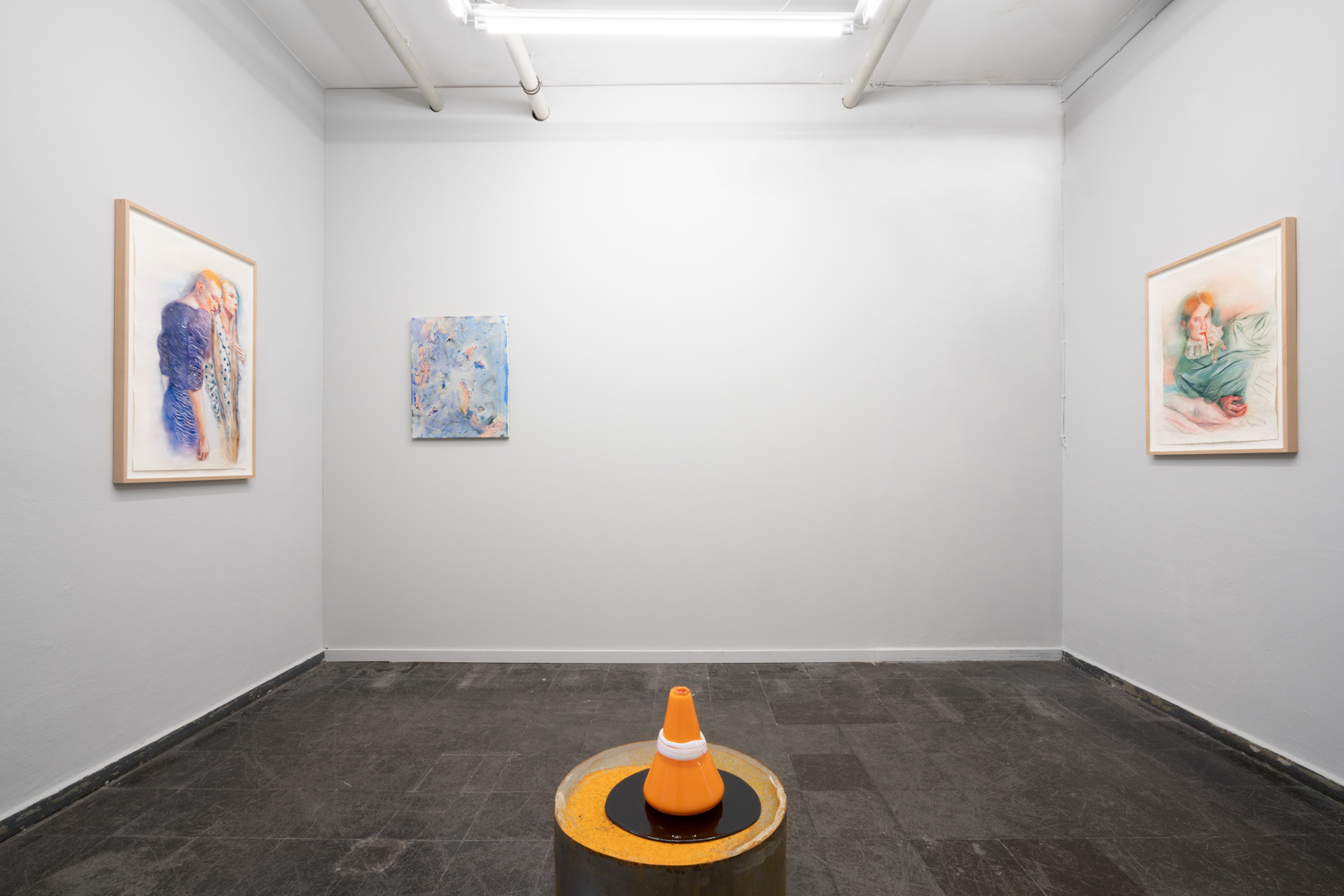 From left to right:   MARIANNA IGNATAKI, Jake & Jason, 2021 Watercolor, gouache, color pigments, graphite and colored pencils on paper 87x55cm  ALANA LAKE, Cum & Gum, 2021 Oil, pigment and epoxy on canvas  ALANA LAKE, Warning Signs, 2020 Hand blown glass, and steel plinth 36 x 33.5 x 28 cm  MARIANNA IGNATAKI, Luke, 2021 Watercolor, gouache, color pigments, graphite and colored pencils on paper 71x52cm