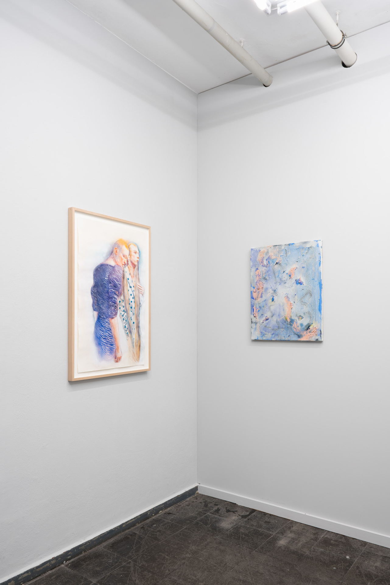 From left to right:   MARIANNA IGNATAKI, Jake & Jason, 2021 Watercolor, gouache, color pigments, graphite and colored pencils on paper 87x55cm  ALANA LAKE, Cum & Gum, 2021 Oil, pigment and epoxy on canvas