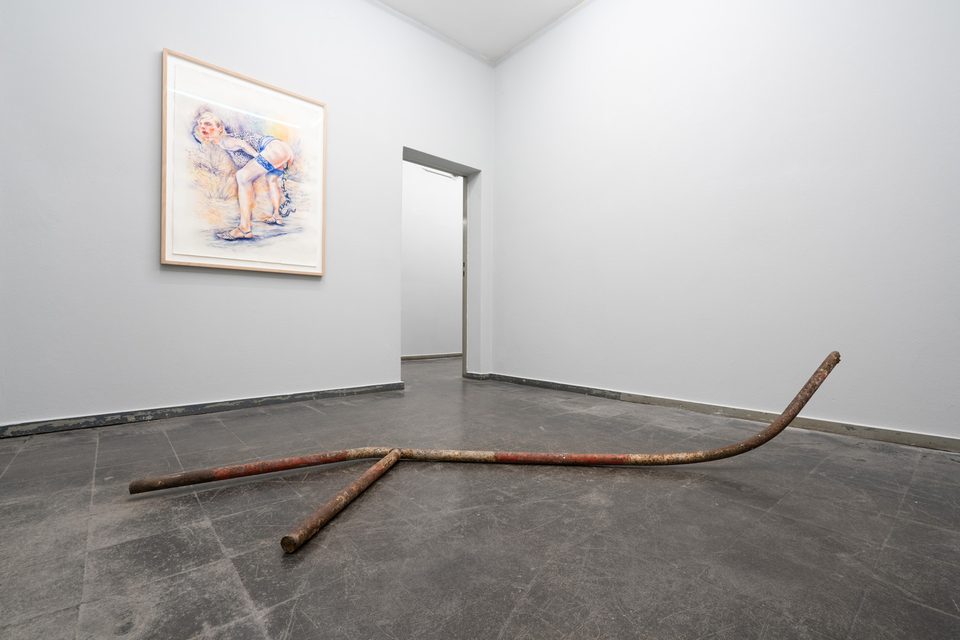 MARIANNA IGNATAKI, Josh, 2021 watercolor, gouache, color pigments, graphite and colored pencils on paper 109x82cm ALANA LAKE, Snakes and Ladders, 2021 Found railing (from the involuntary sculpture series)