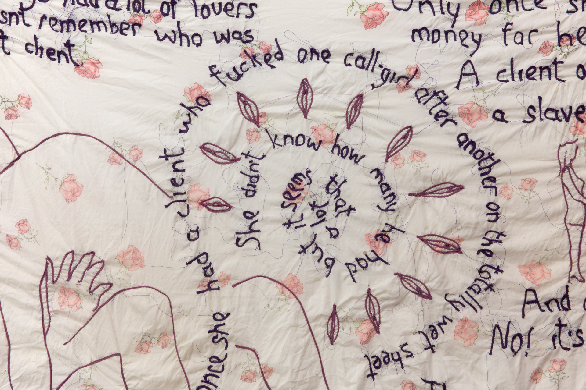 Alina Kopytsa, Call-girl in Kyiv (detail), 2017, embroidered bed sheet