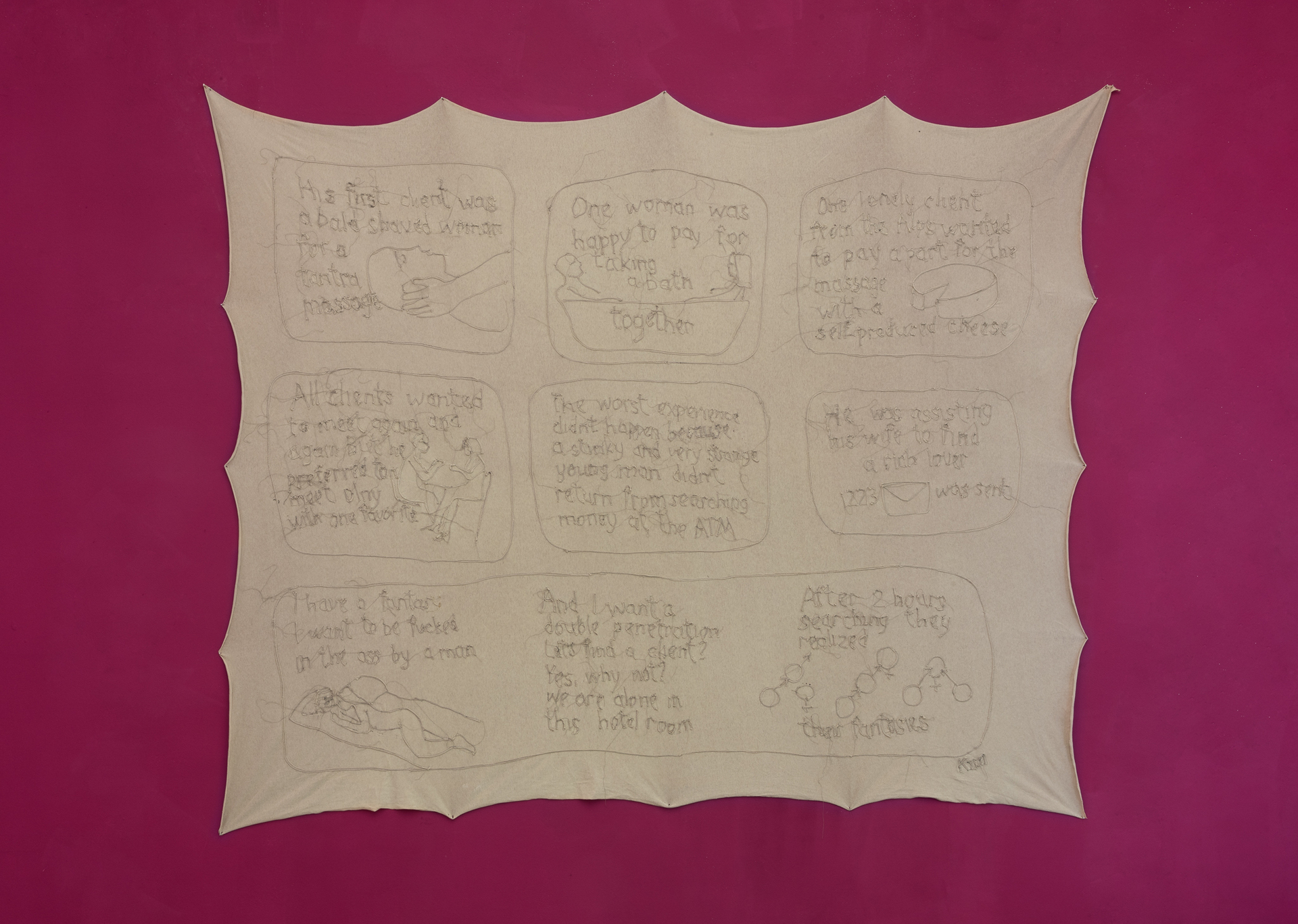 Alina Kopytsa, Service by him in Switzerland, 2017, embroidered bed sheet