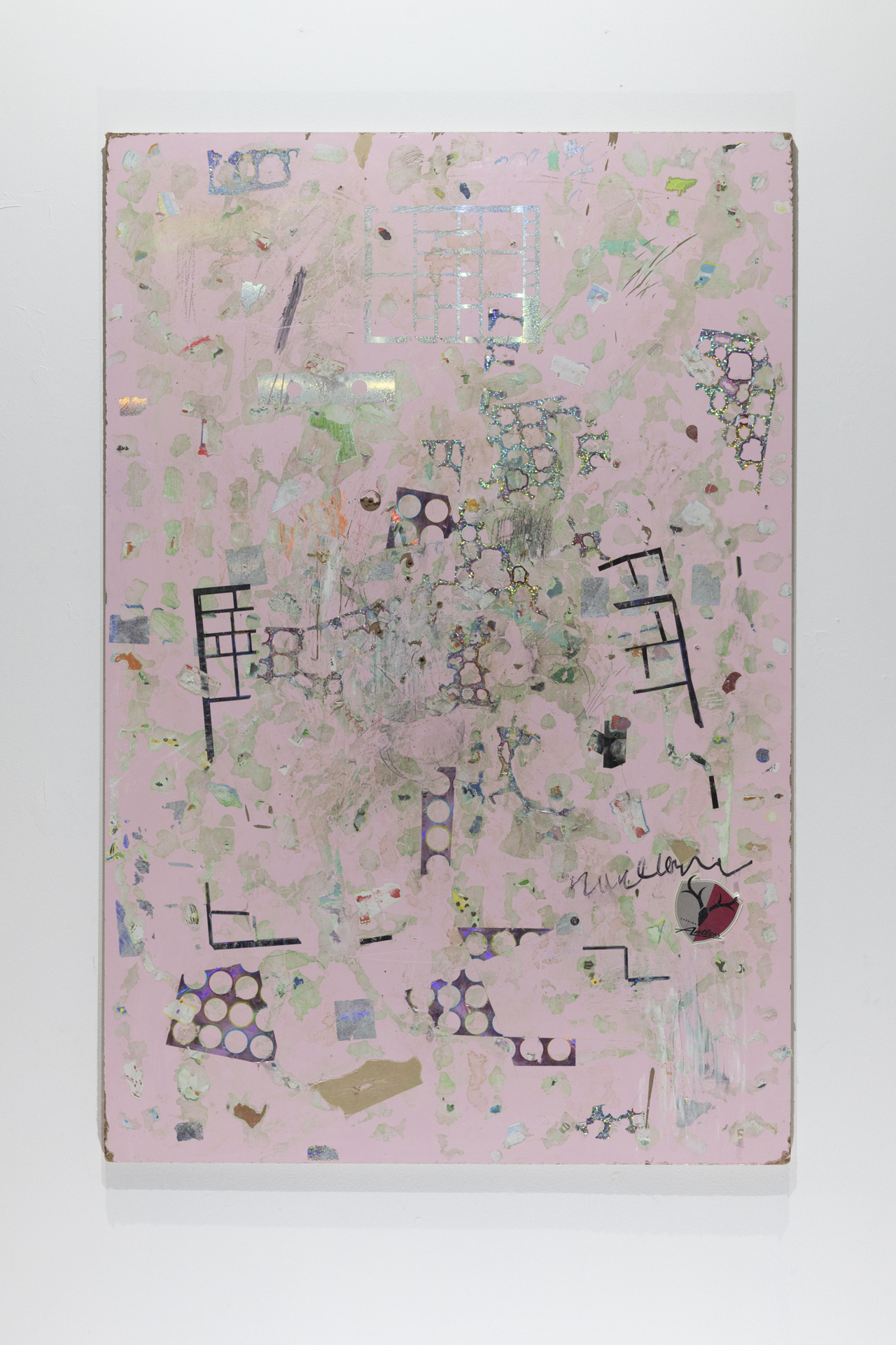 Untitled1/2, 900x600mm, Seal, Pen, Pencil, Oil pastel, Coffee, Tape on plywood panel, 2021