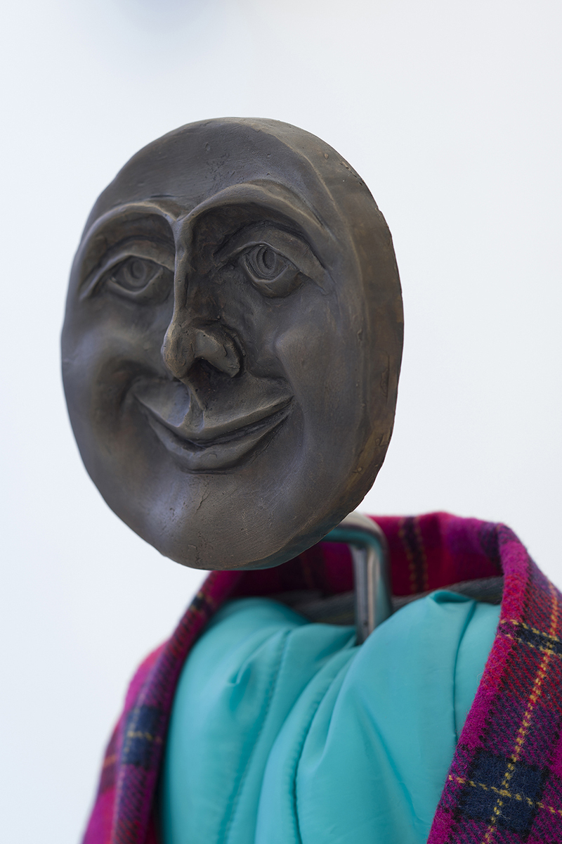 Olof Marsja, Orakel II (detail), 2021 (Bronze, aluminium, steel, brass, polyester rope, safety pin, alder wood, virgin red wool, thermal jacket, Volvo car-seat textile, plinth, 120 x 65 x 48 cm).