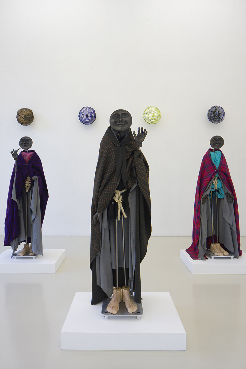 Olof Marsja, Orakel III, 2021 (Bronze, aluminium, steel, brass, polyester rope, safety pin, alder wood, wool textile, fake Summit Series jacket, Volvo car-seat textile, plinth, 120 x 65 x 48 cm).