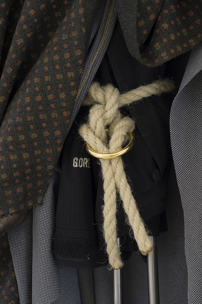 Olof Marsja, Orakel III (detail), 2021 (Bronze, aluminium, steel, brass, polyester rope, safety pin, alder wood, wool textile, fake Summit Series jacket, Volvo car-seat textile, plinth, 120 x 65 x 48 cm).