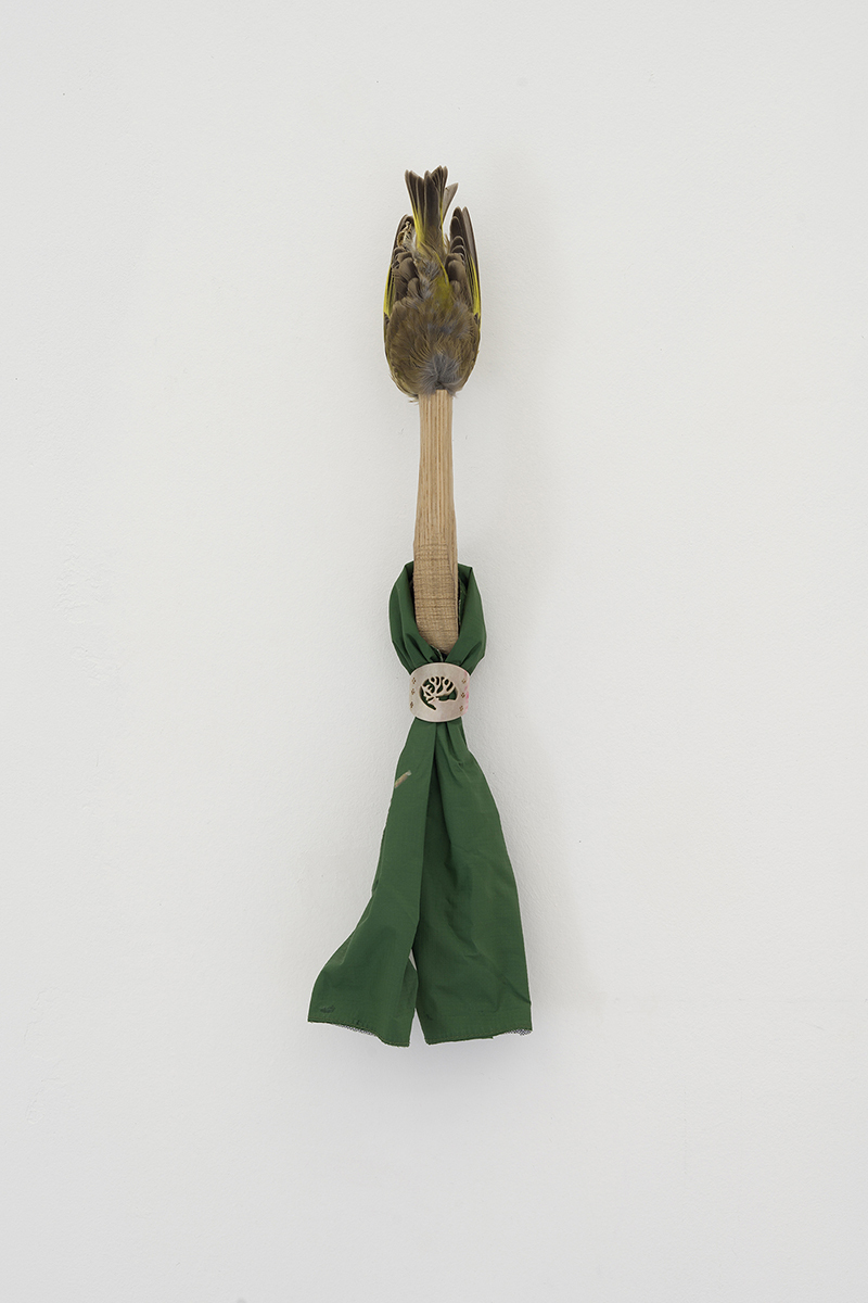 Olof Marsja, Tiden, 2021 (Finch, oak, scarf ring in reindeer horn, rain jacket, 42 x 11 x 7 cm).