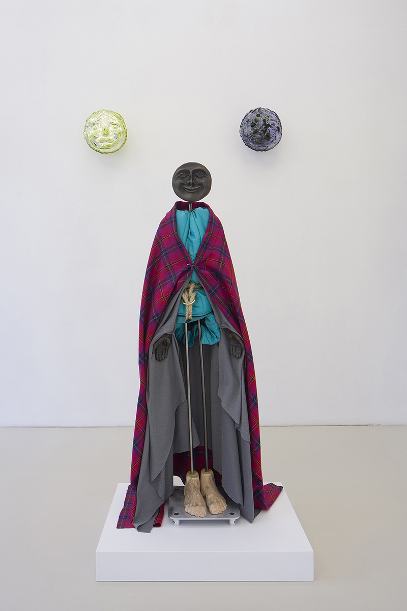 Olof Marsja, Orakel II, 2021 (Bronze, aluminium, steel, brass, polyester rope, safety pin, alder wood, virgin red wool, thermal jacket, Volvo car-seat textile, plinth, 120 x 65 x 48 cm).