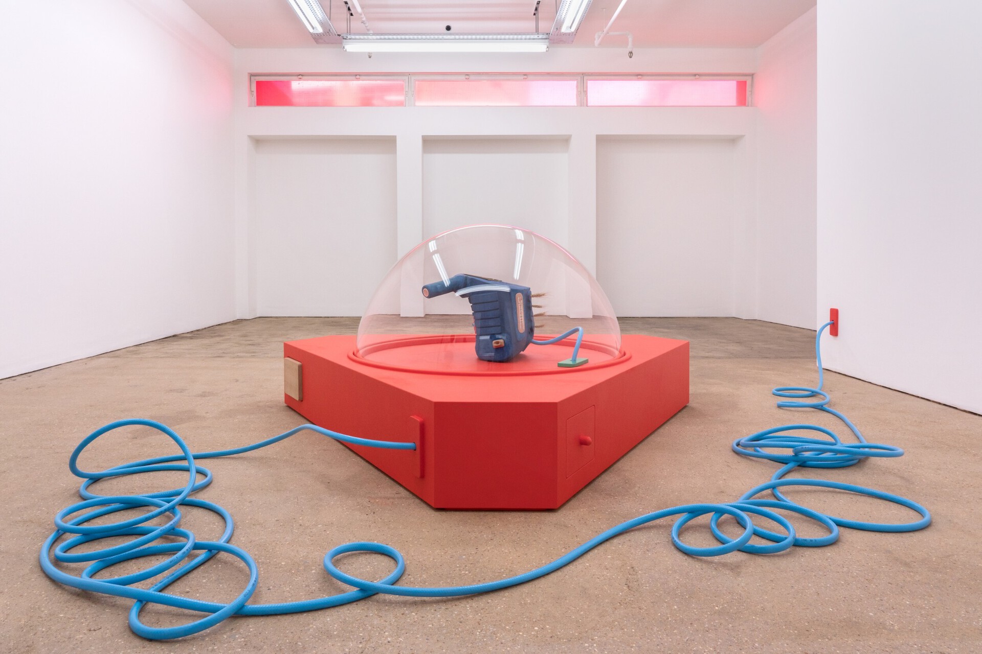 Rafał Zajko Eartheater, 2021 Wood, paint, vacuum formed acrylic, tube, smoke machine, pump, carved tree trunk, free-hand embroidery, wheat, acrylic resin component, ceramic, polymer clay 75 × 180 × 180 cm