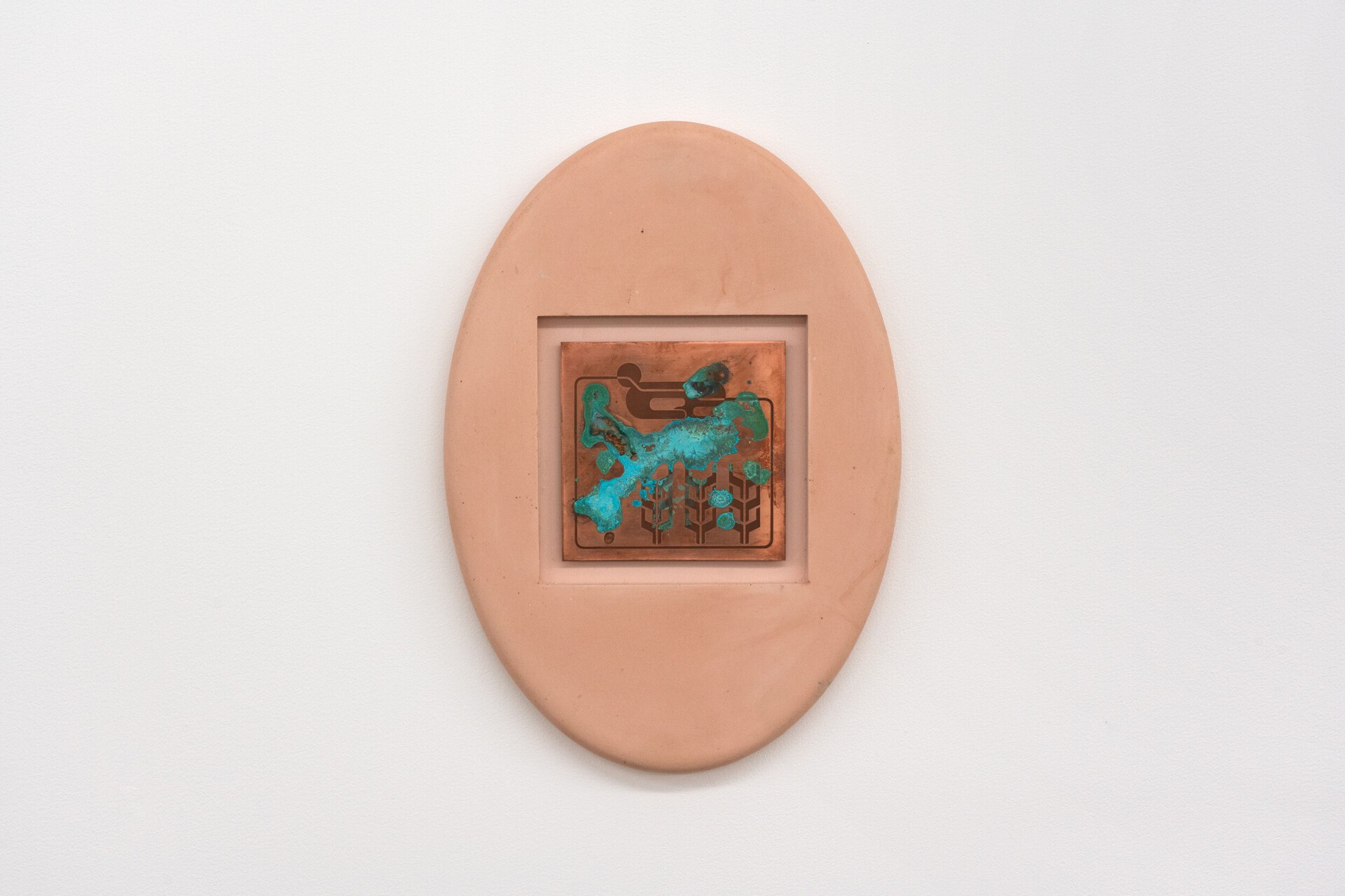 Rafał Zajko Klepsydra II, 2021 Laser etched copper plate oxidised by synthetic urine, acrylic resin component 29 × 21 × 2 cm