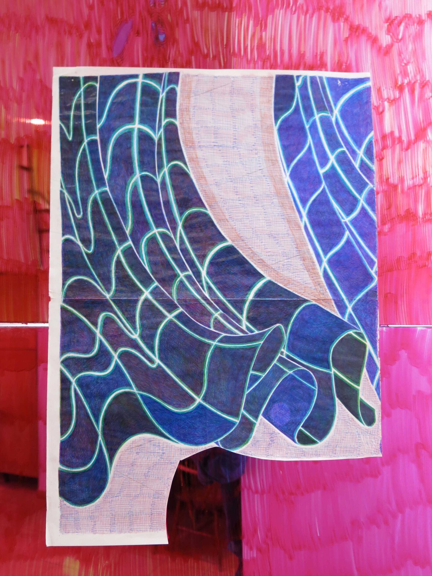 Anne Bourse, detail, Puissant faux malheur, 2021, mirror on cupboard, alcohol marker, stained-glass ink, felt-tip pen and ballpoint pen on coated paper