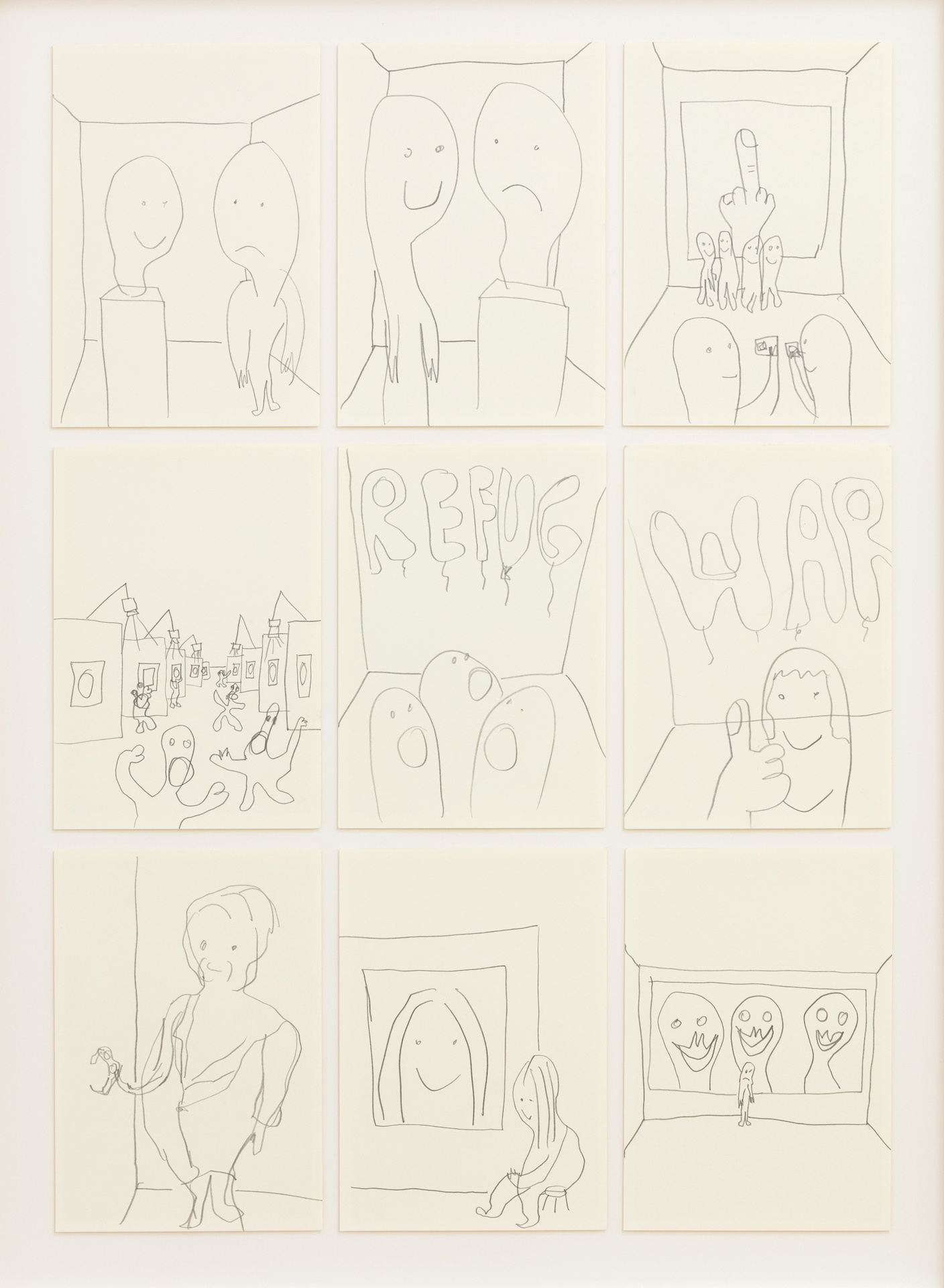 Sebastian Jung, Kunstmesse, 2018, pencil on paper, 5 frames, each 54,5 x 74 cm
