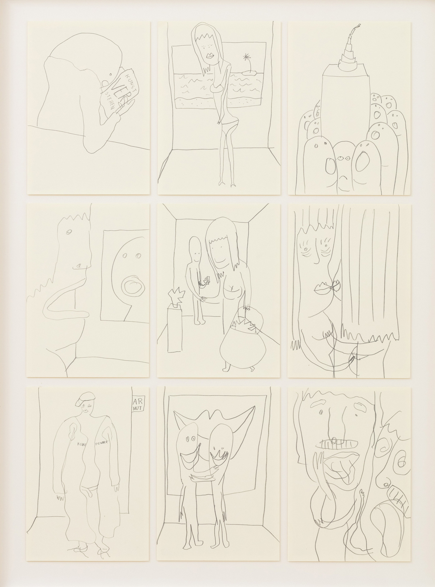 Sebastian Jung, Kunstmesse, 2018, pencil on paper, 5 frames, each 54,5 x 74 cm