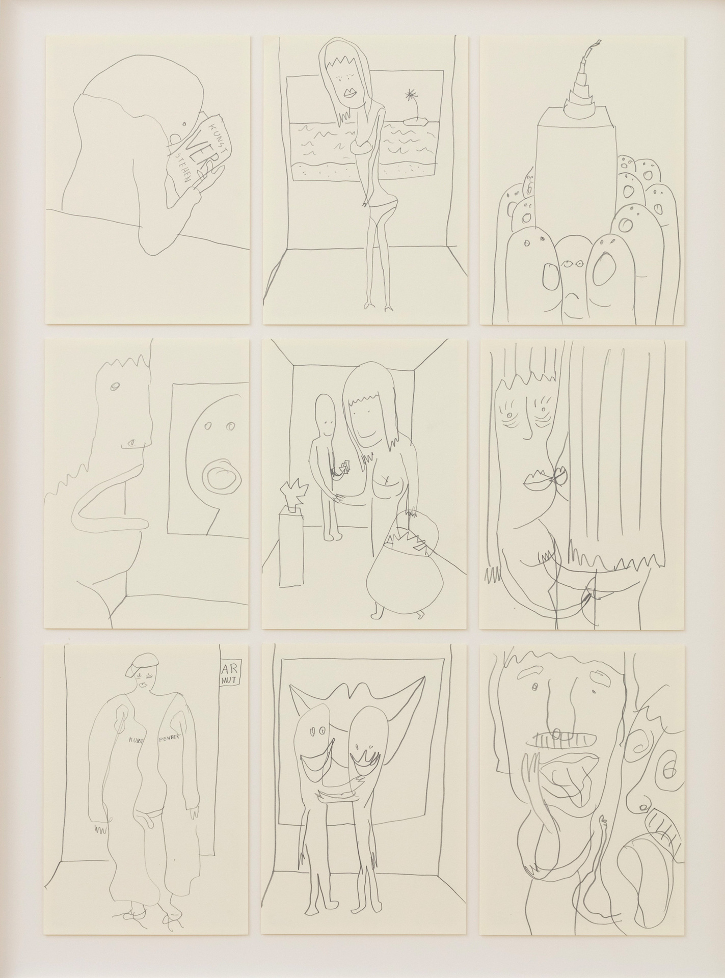 Sebastian Jung, Kunstmesse, 2018, pencil on paper, 5 frames, each 54,5 x 74 cm