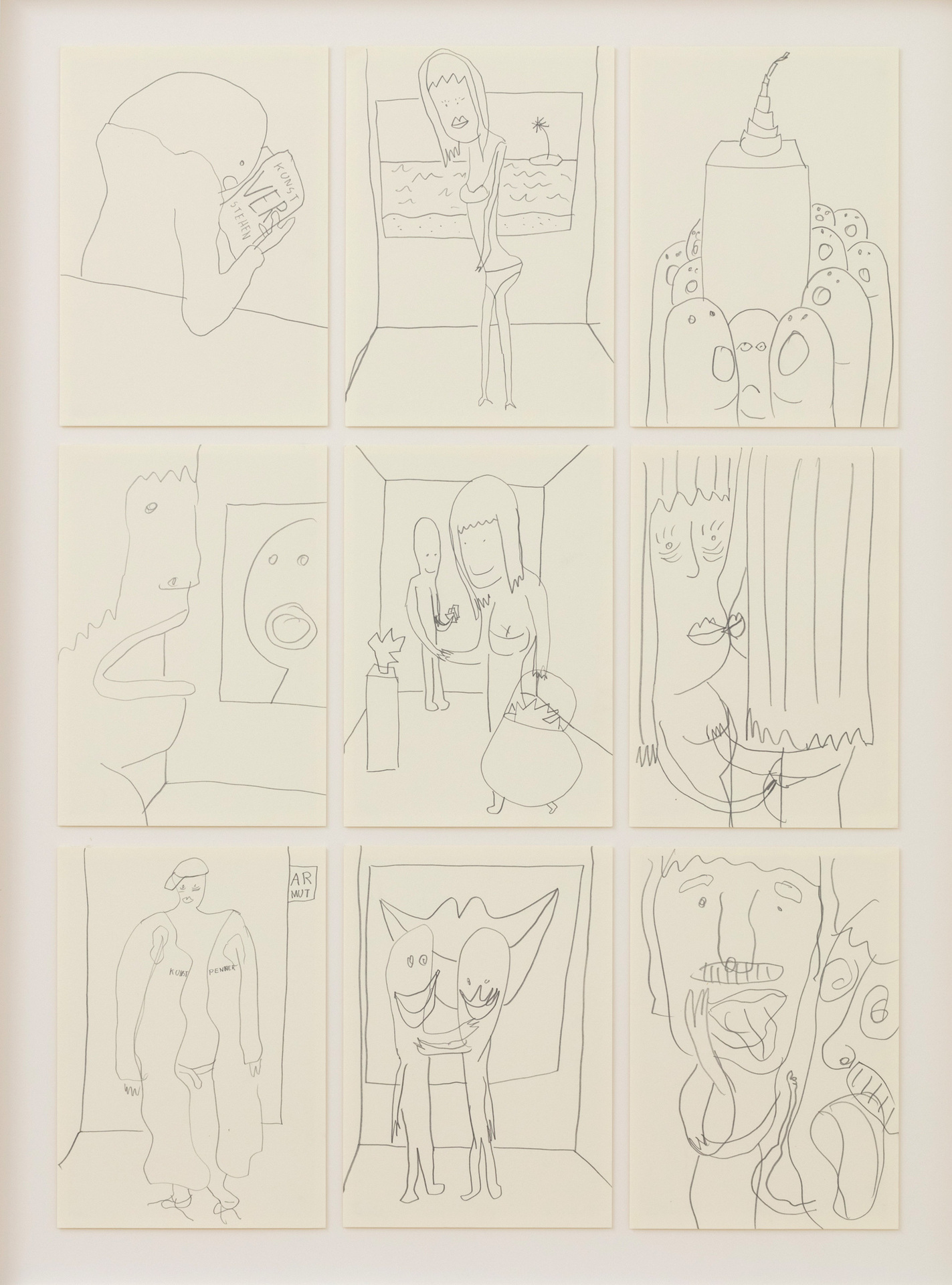 Sebastian Jung, Kunstmesse, 2018, pencil on paper, 5 frames, each 54,5 x 74 cm