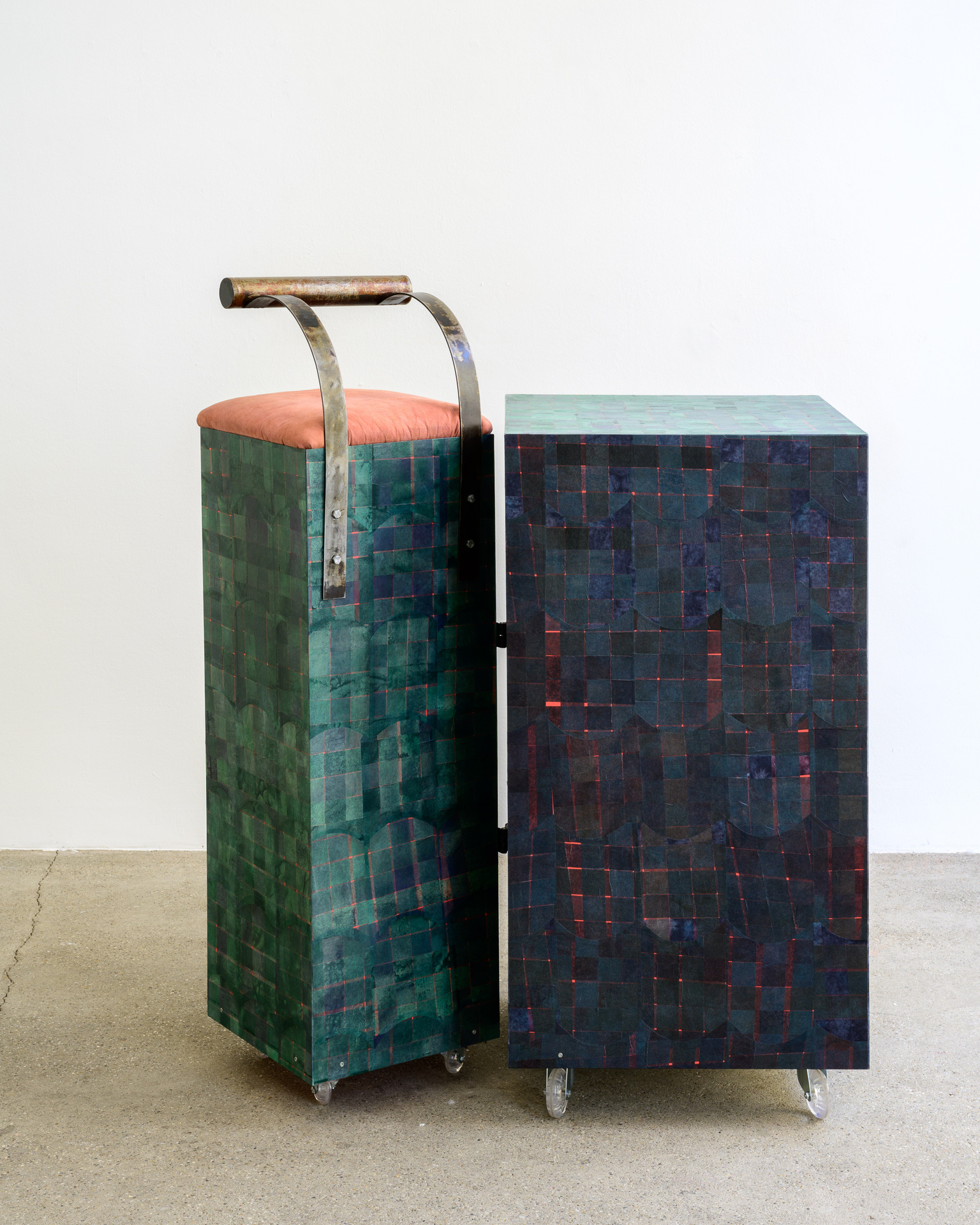 Magdalena Kreinecker Truth & Fake , 2021 silk paper, leather, foam material, steel, furniture roll transparent, ink, linseed oil, lacquer 108 x 56 x 56 cm 127,5 x 37 x 37 cm variable installation s ize