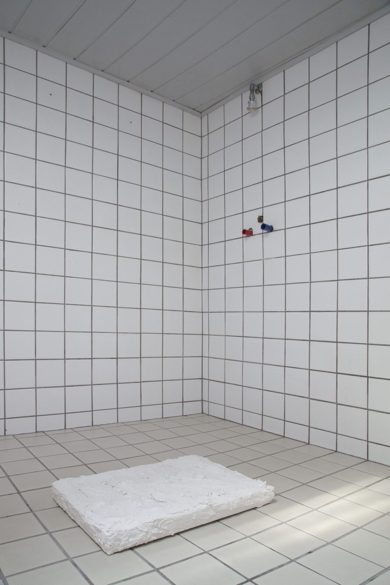 In the shower room: Valentin Aigner, leere Attraktionen, 2021, plywood, fiberglas fabric, plaster, installation, 60 x 40 x 7cm