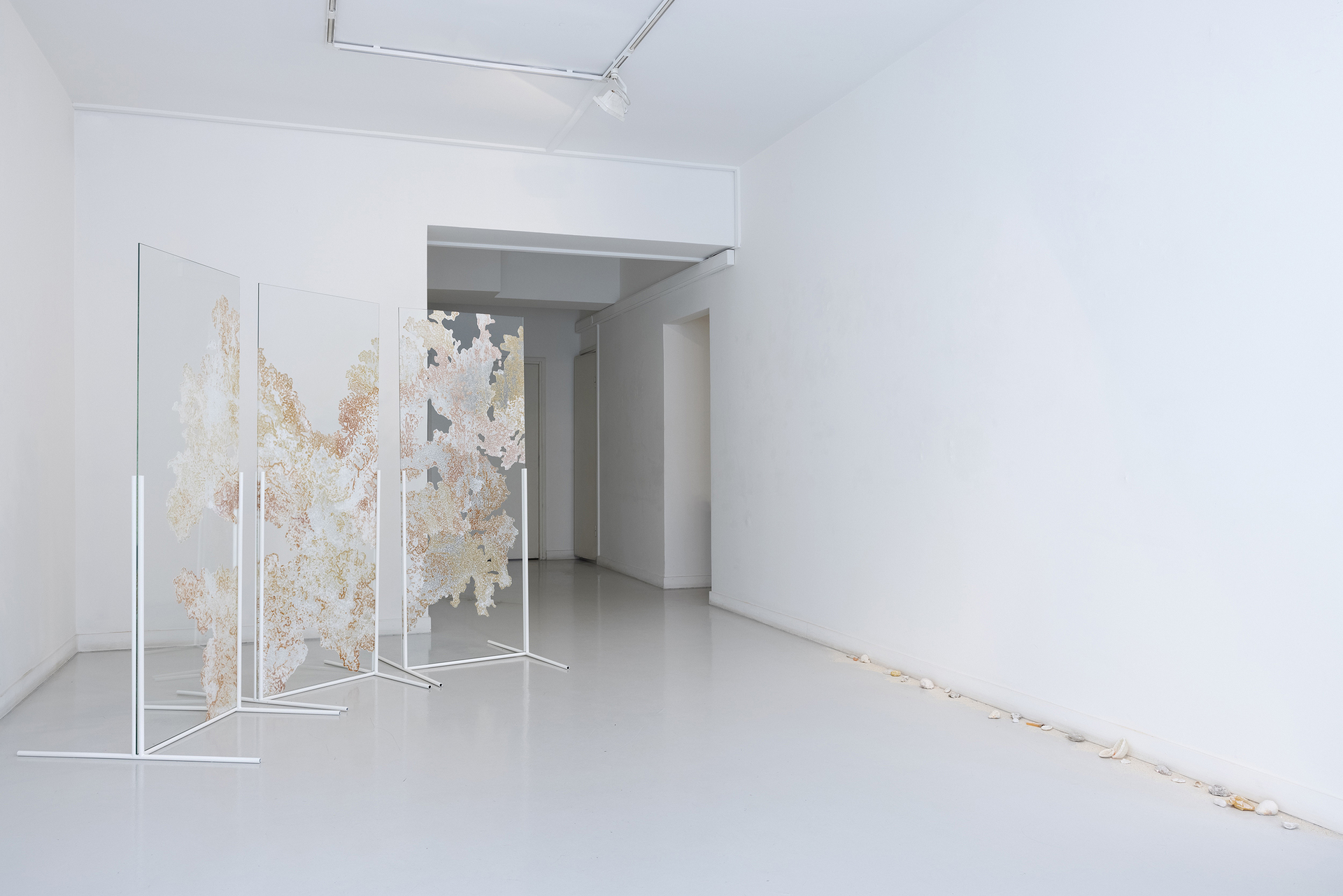 Elsa Salonen, I Dive in the Ocean as in a Prayer, 2021, ochres, plastic debris and sea salt collected from the Caribbean Sea, Colombia, alum crystal on glass, on the floor: sand, seashells, plastic debris, sea salt collected from the same beaches, alum crystal, 180x210 cm
