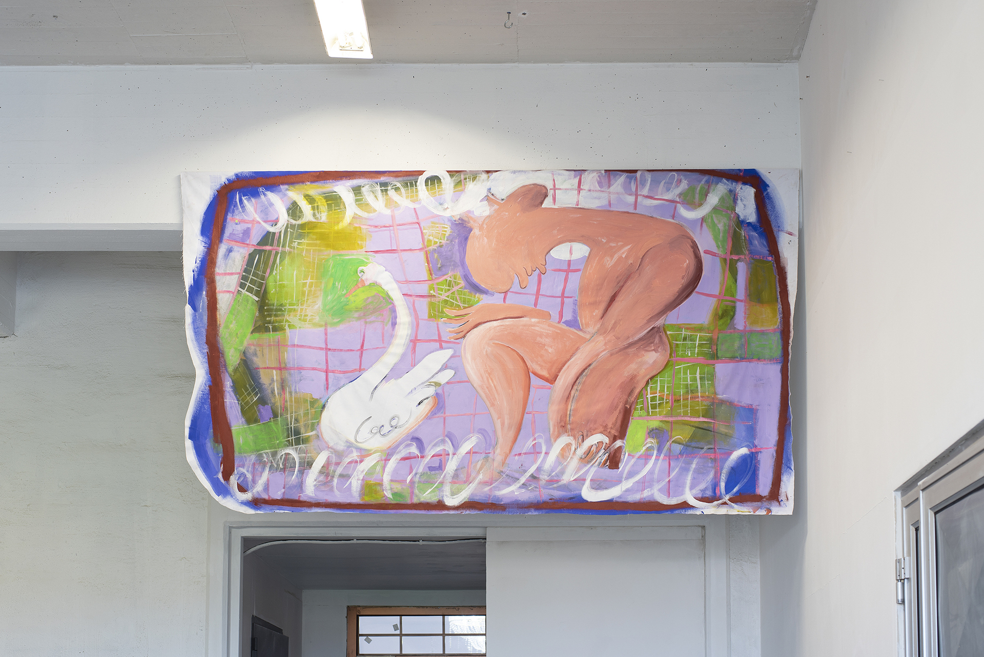 Jenny Kalliokulju, Swans and dogs (Faustus pebble) I, 2021, oil paint, acrylic on cotton fabric, 276 x 150 cm