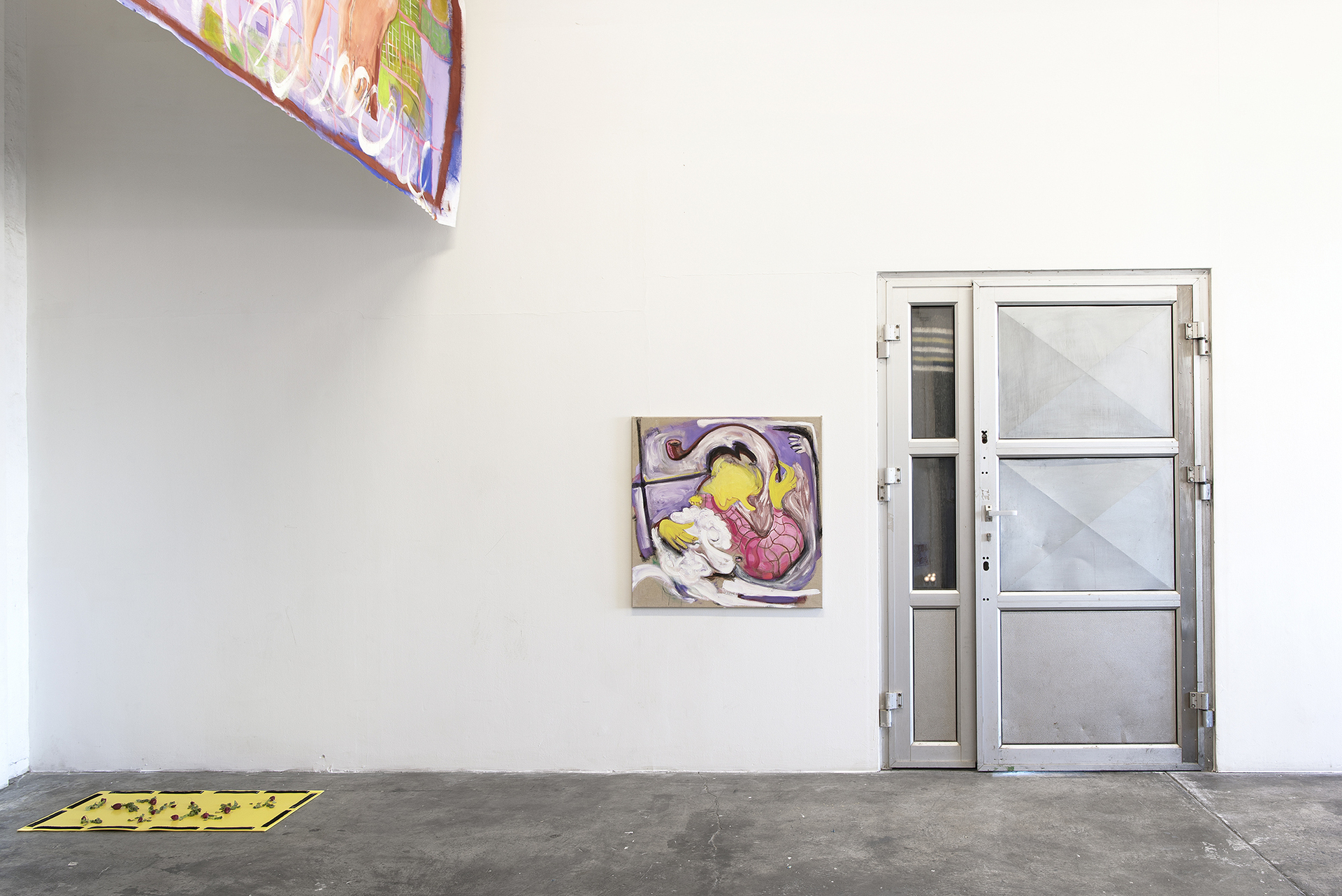 Jenny Kalliokulju, Swans and dogs (Faustus pebble) II, 2021, oil paint, acrylic on canvas, 80 x 80 xm / Mikko Kuorinki, Radishes on Salisbury Insulating Blanket, 2021, radishes, rubber blanket