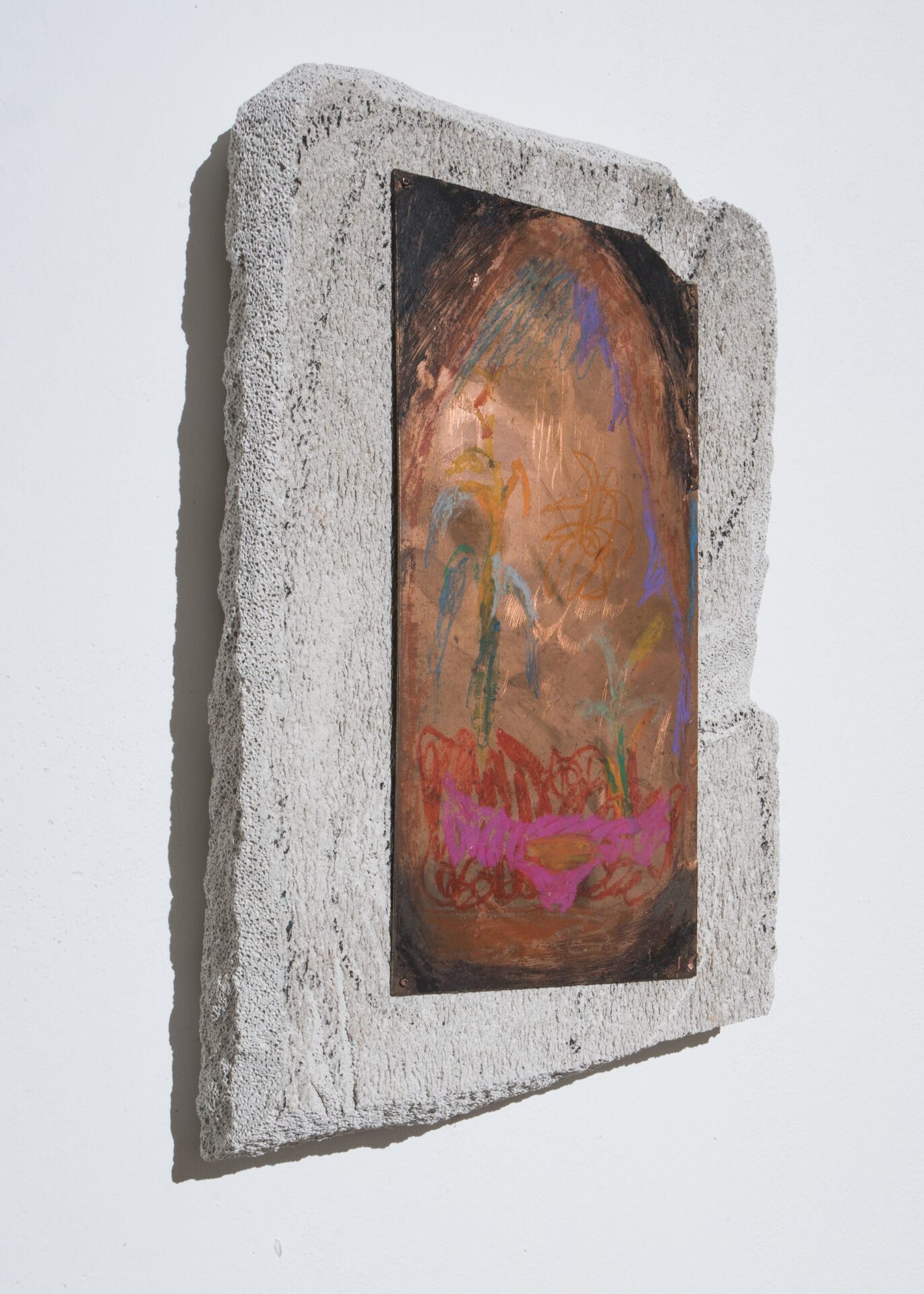 Anna Taganzeva-Kobzeva, Golden Temple, 2021, oil pastel on copper textolite, foam concrete, 30x20