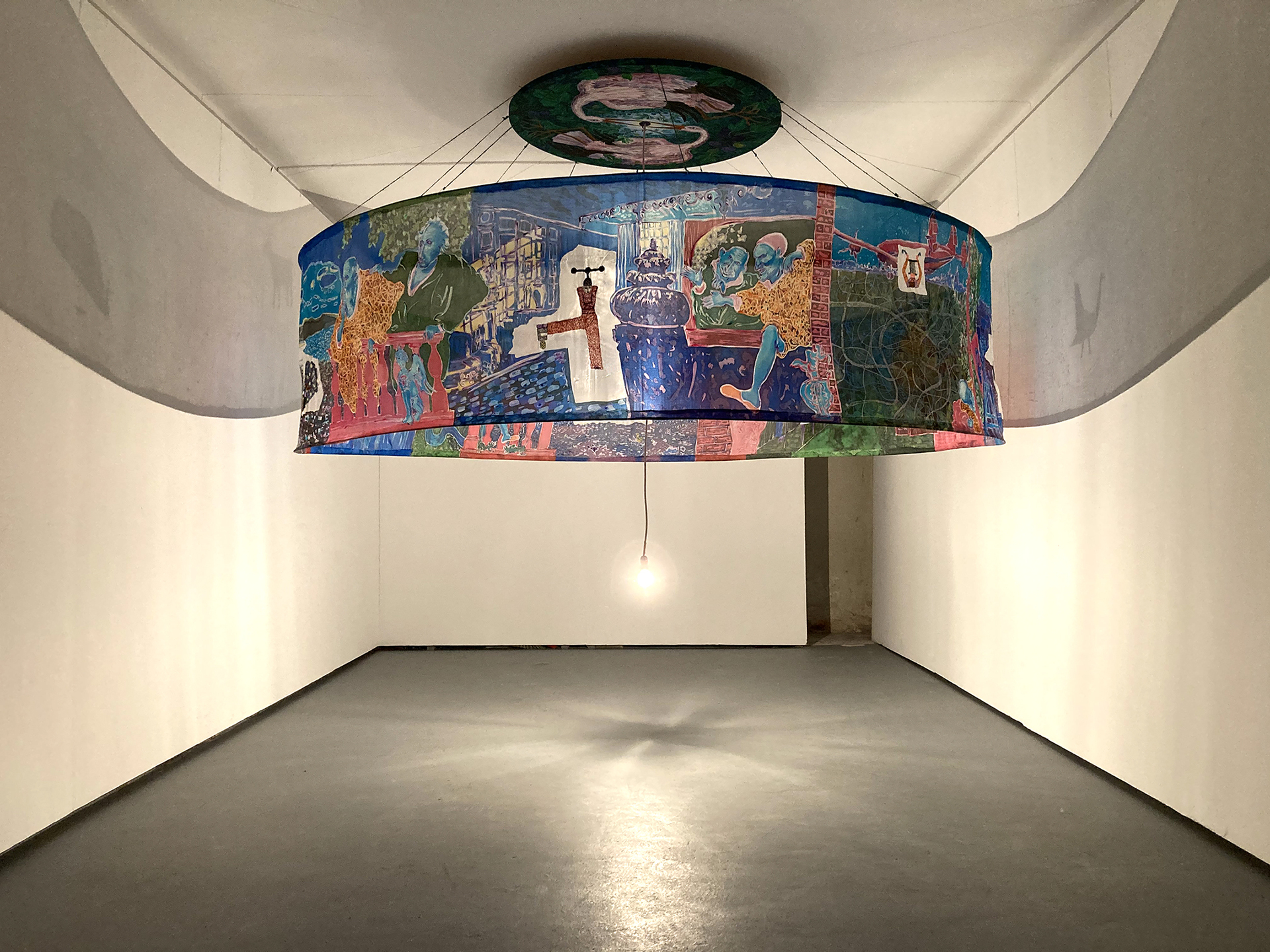 Four feet in the morning, two feet at noon, three feet at night, 2021, painted silk, acrylic on wood, cotton thread embroidery, steel, woven cable, twine, safety pins, light bulb, 242cm x 242cm x 215cm