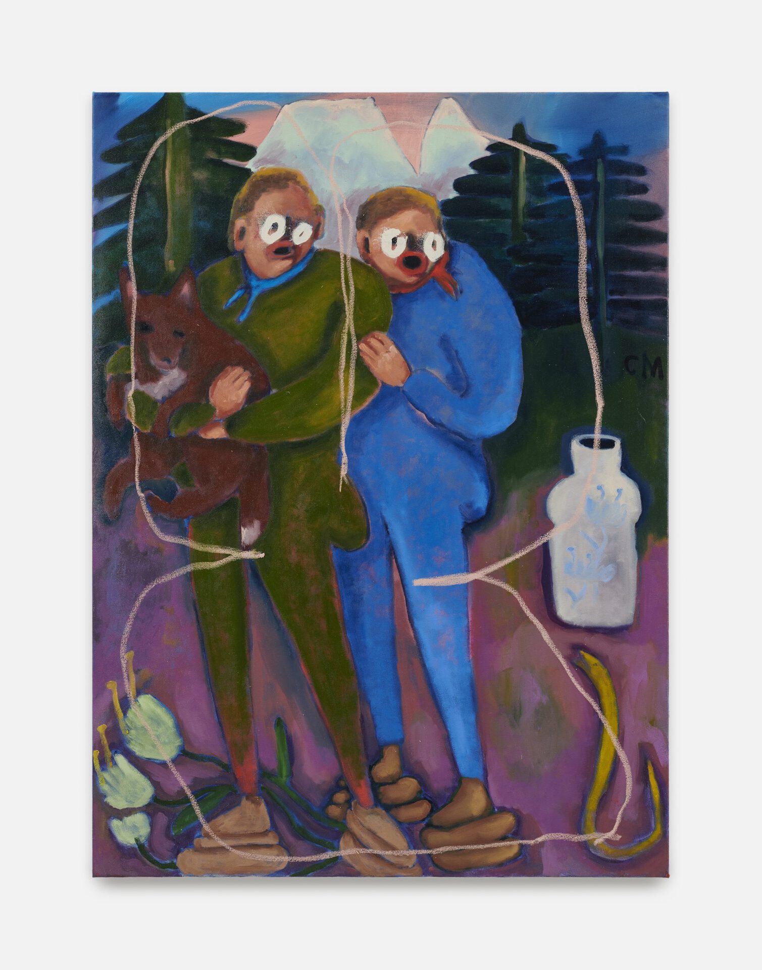 Conny Maier, 2 Männer mit Fuchs / Furcht 1, 2021, oil, oilstick on canvas 150 x 110 cm
