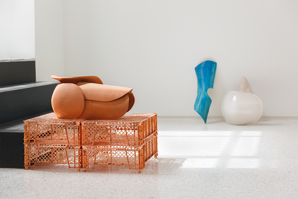 Athanasios Argianas, Tilebodies (Modules a-f, Set 7), 2021, Terracota, sea sponge, Dimensions variable. + Aggregate Series, 2021 Electroformed copper trade crates Dimensions variable.
