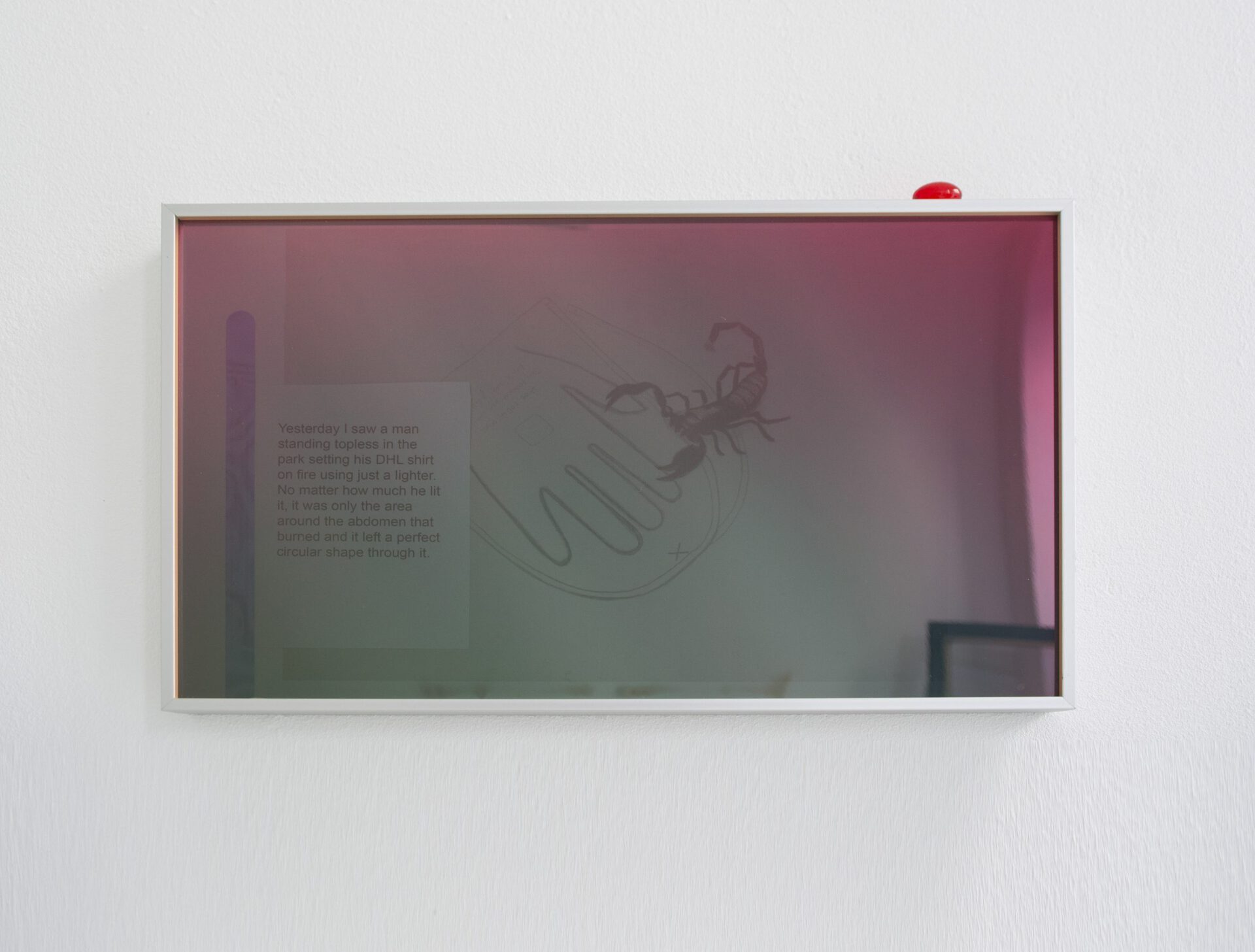Elisabeth Molin, Punctum (2021), Privacy film, painkiller, text, aluminium frame 19 x 30 cm