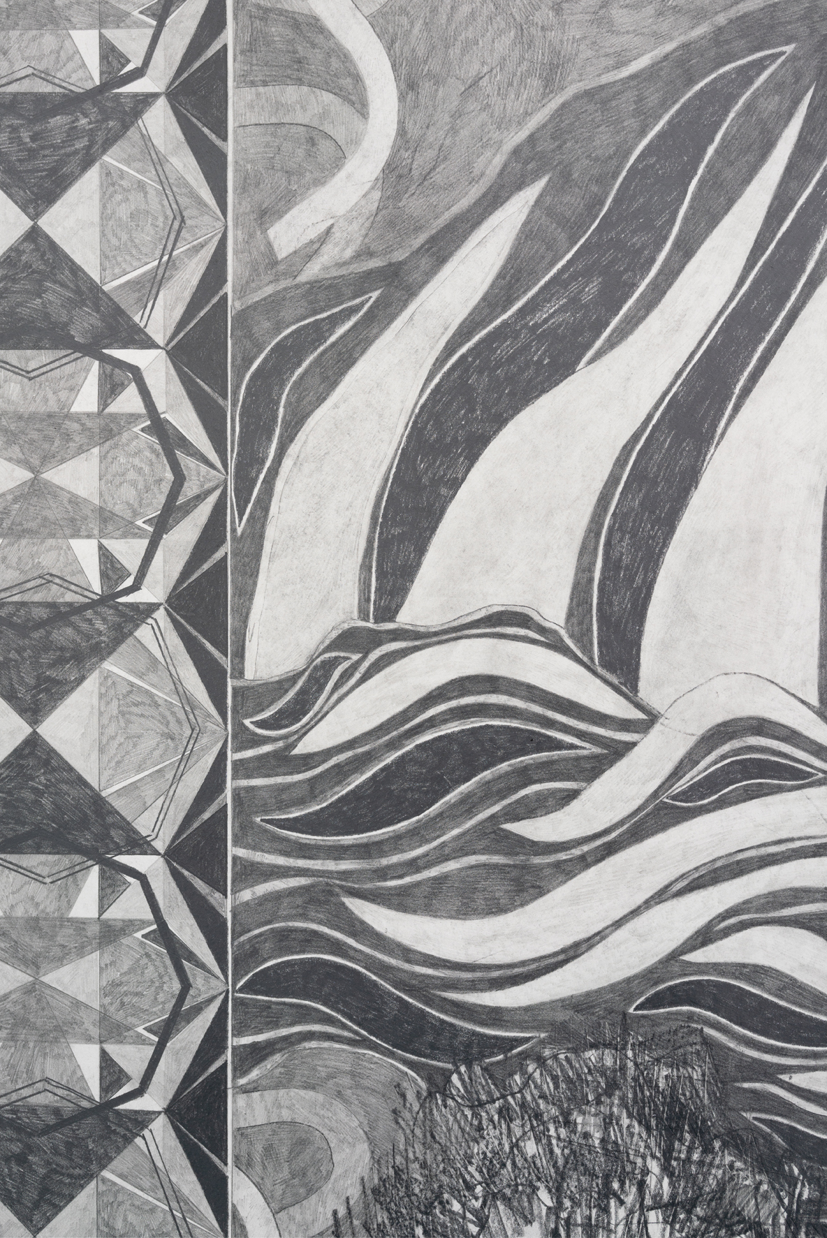 Ricarda Hoop,The waterfall where nobody washed his horse (Hommage to Hokusai), 160x210 cm,Bleistift auf Papier