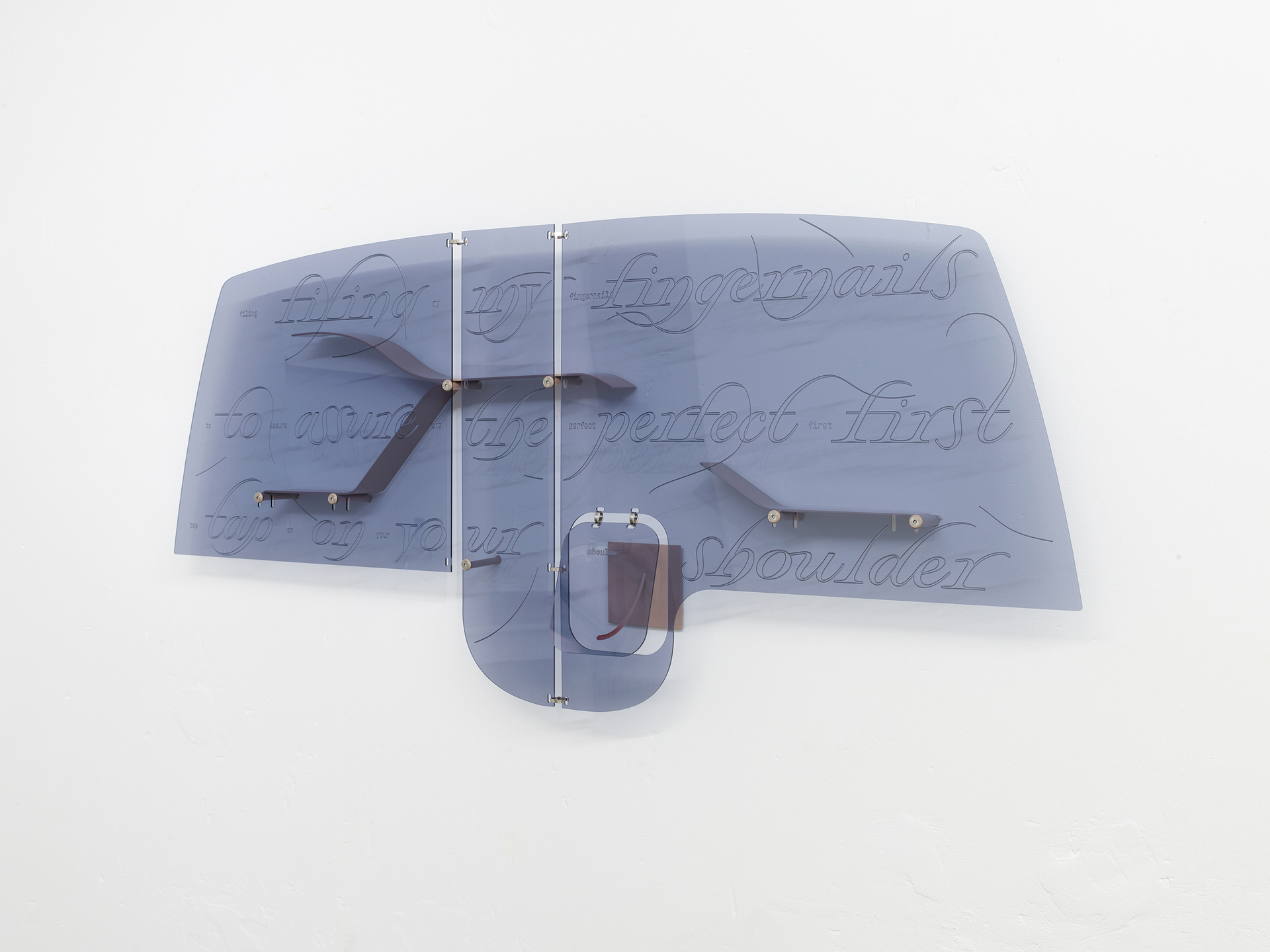 Lena Marie Emrich, Filing my fingernails in shape to assure the perfect first tap on your shoulder, 2021, Tinted Plexiglass, Aluminum coated in car paint, unique piece 64 x 139 x 14 cm