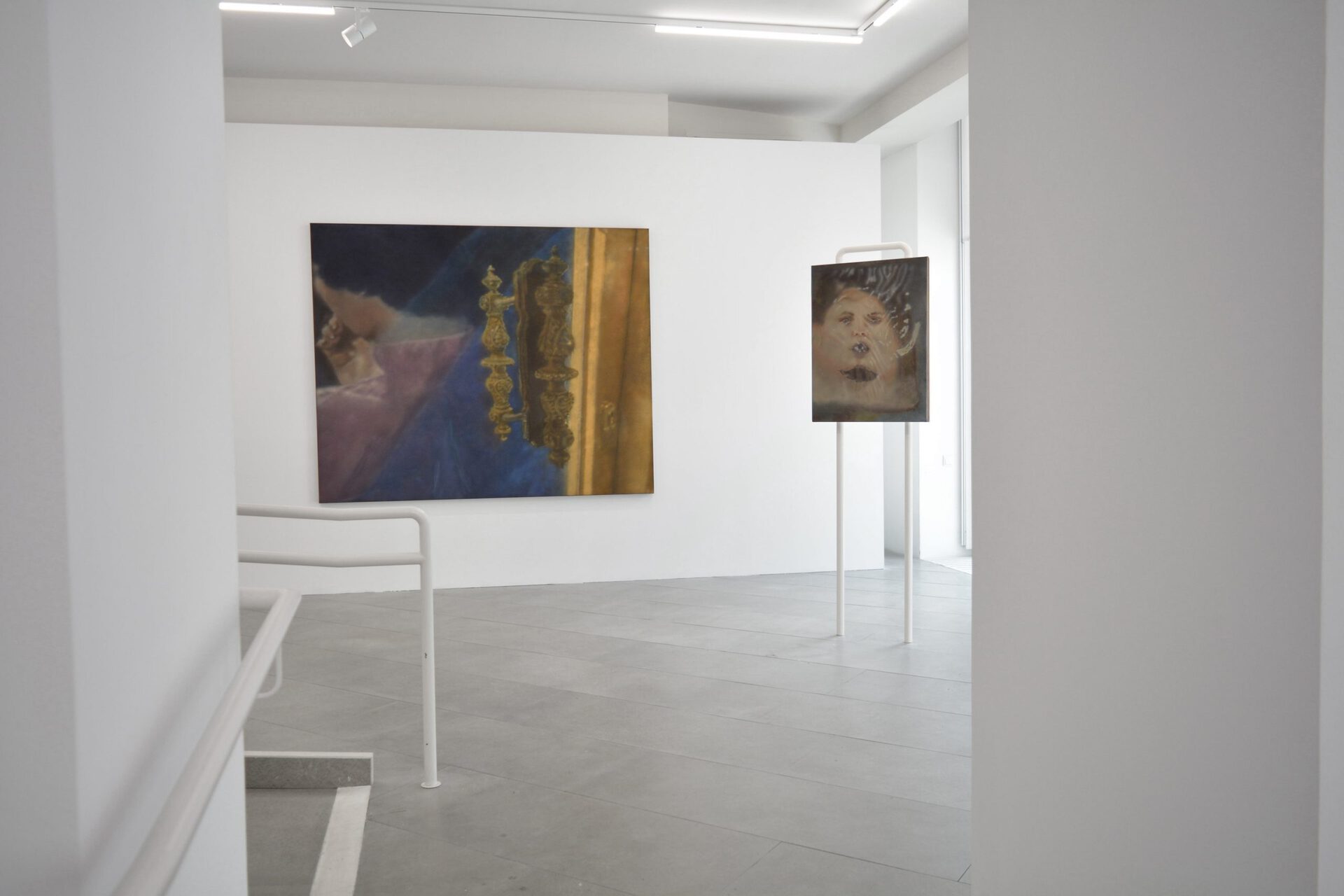 Sarah Fripon left: Blue System, 2021, acrylic on canvas, 180 x 220 x 4,5 cm | right: me as nourishing face mask, 2021, acrylic on canvas, 80 x 60 x 4,5 cm