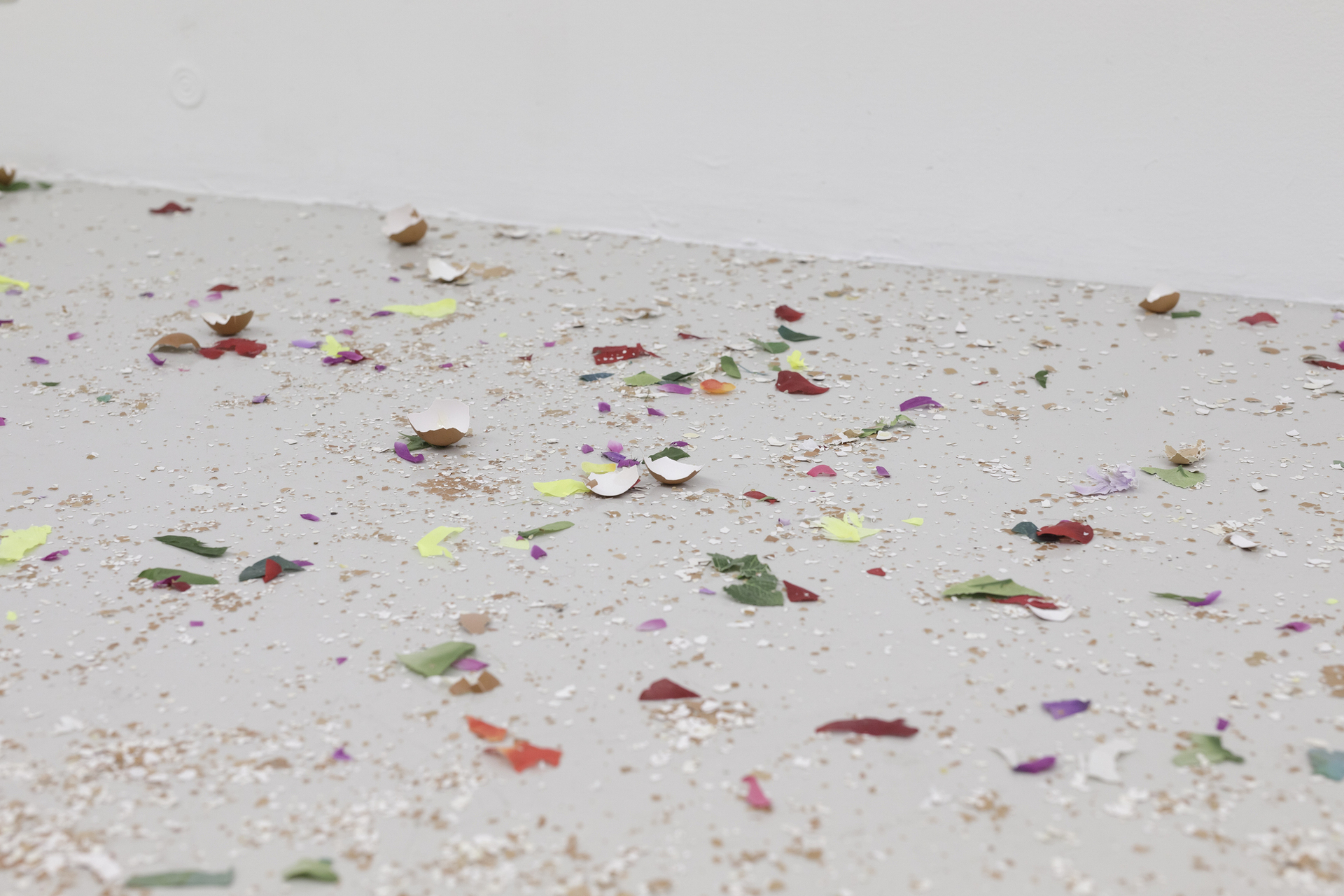 Michel Blazy and Enzo Mianes, On Loop, 2021, cemetery flowers, eggshells, variable dimensions. Courtesy of In extenso. Picture: Ludovic Combe