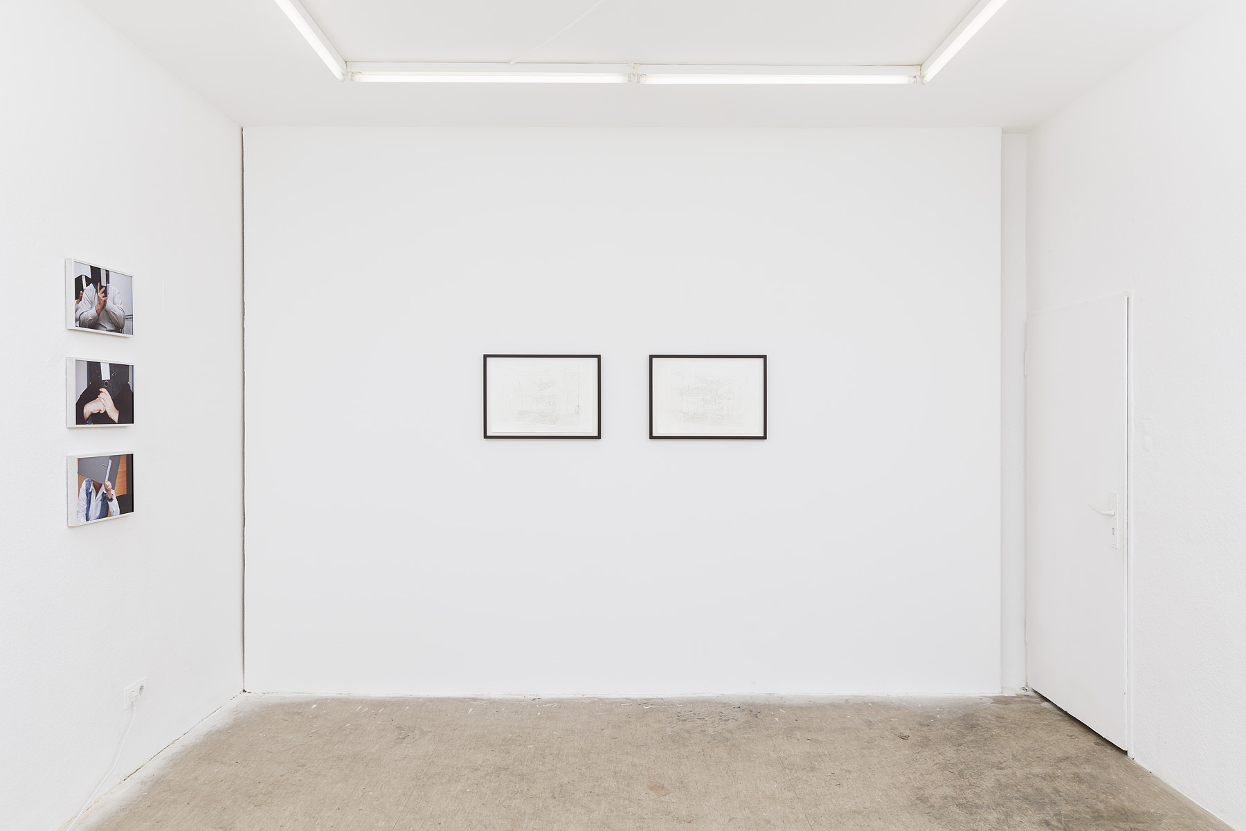 Installation view, from left to right: Anna Ruthenberg, Untitled, 2020-2021, series of photographs, 37x25cm. James Sturkey, Two Studies for Hardscaping at the Rear of the Nemesis Monster, 2021, pencil on paper, each 60x42cm.