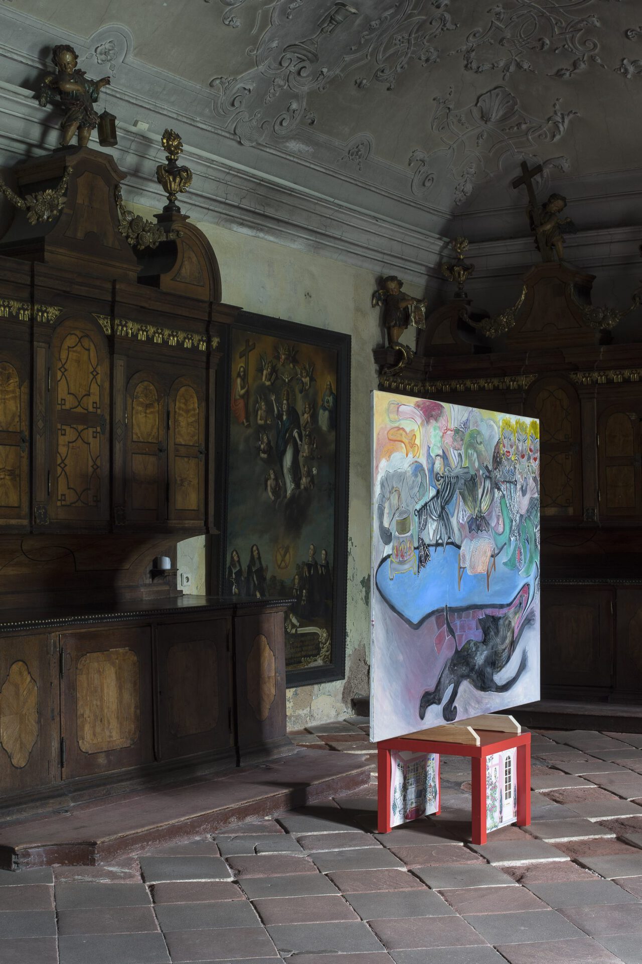 Kamilla Bischof, Geschichten aus dem Gardinenwald / Tales from the Curtain Woods, 2020 oil on canvas 150 × 180 cm  courtesy of the artist and Sandy Brown Gallery, Berlin