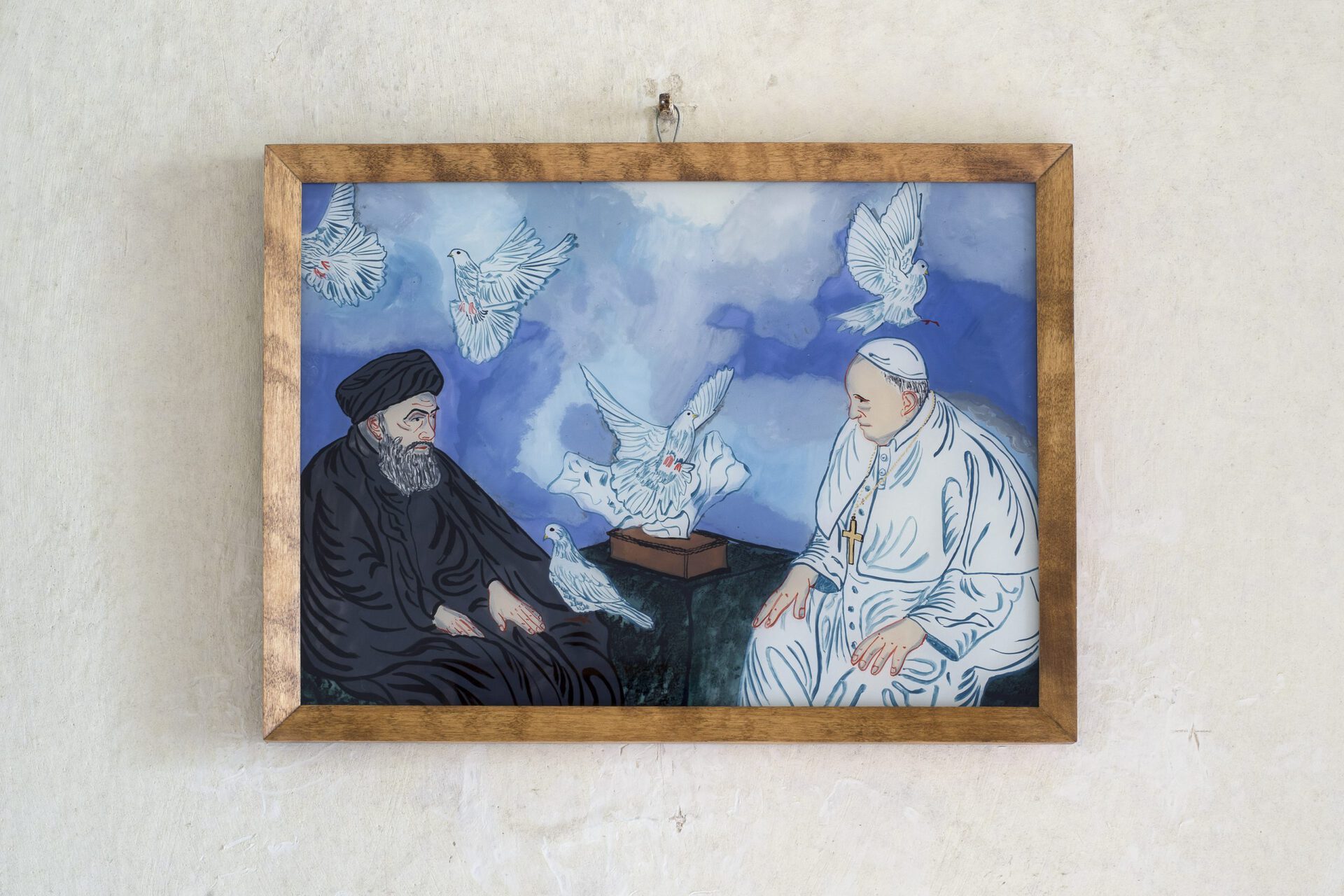 Slavs and Tatars, Communion (Visit Iraquiam), 2021 reverse painting on glass with acrylic and synthetic paint 32 × 44 cm courtesy of the artists and Raster Gallery, Warsaw