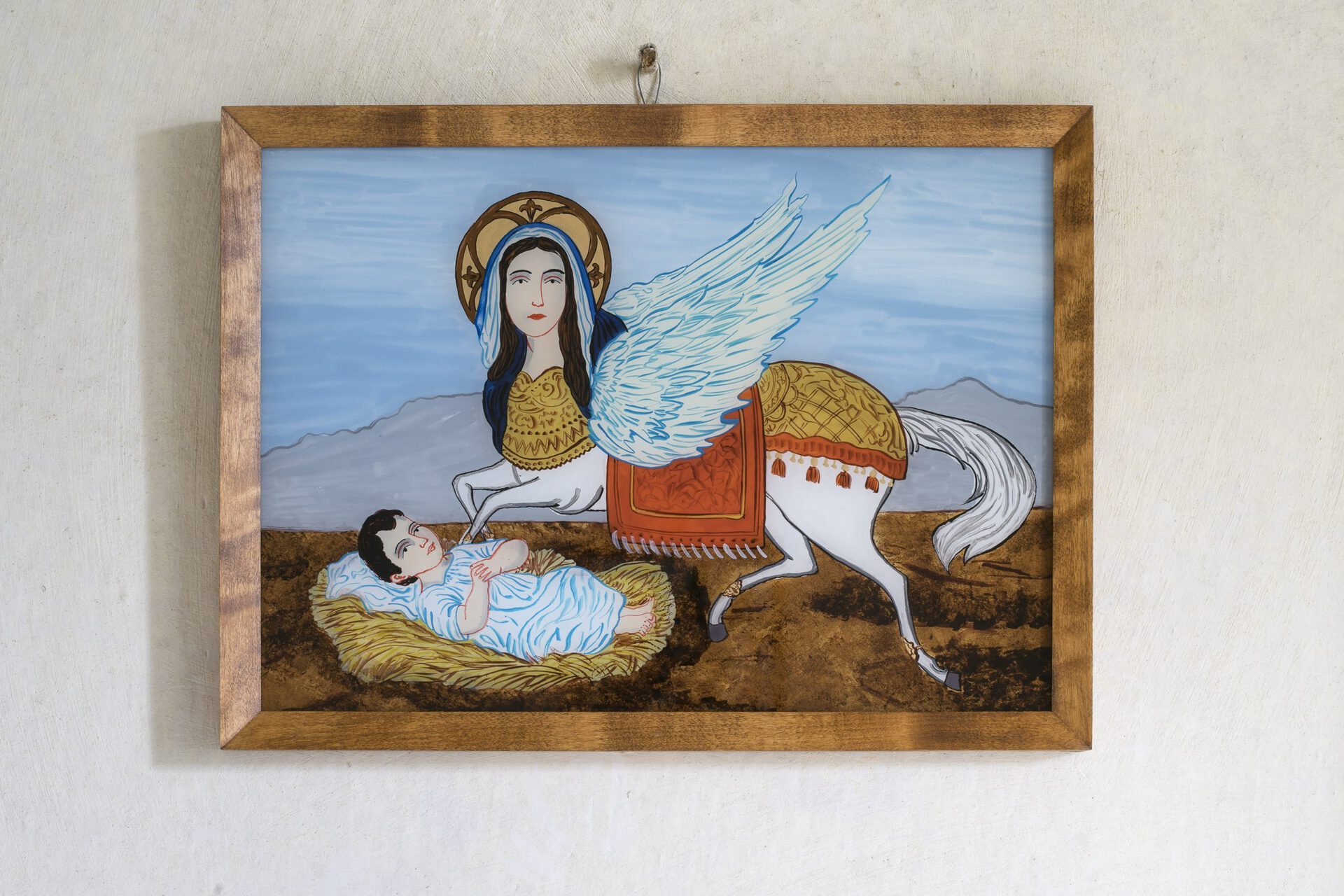 Slavs and Tatars, Communion (Virgin Buraq), 2021 reverse painting on glass with acrylic and synthetic paint 32 × 44 cm courtesy of the artists and Raster Gallery, Warsaw