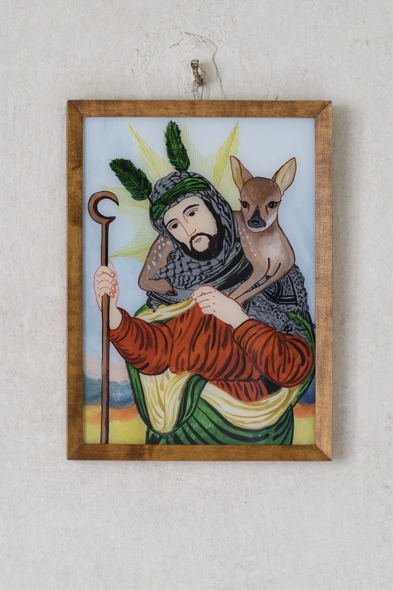 Slavs and Tatars, Communion (The Guarantor of the Deer), 2021 reverse painting on glass with acrylic and synthetic paint 44 × 32 cm courtesy of the artists and Raster Gallery, Warsaw