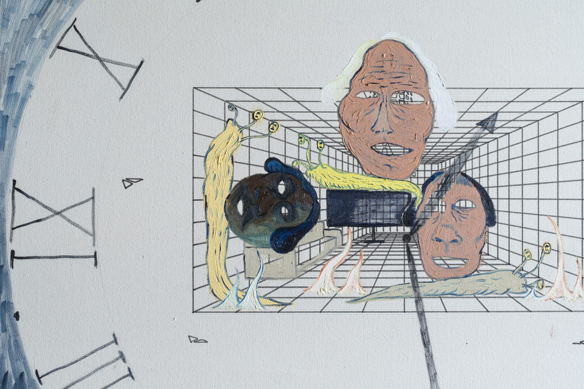 Florian Meisenberg, A Room with a View (What Time Is), 2021 machine controlled permanent marker, oil on canvas 137 × 137 cm detail courtesy of the artist and Wentrup Gallery, Berlin