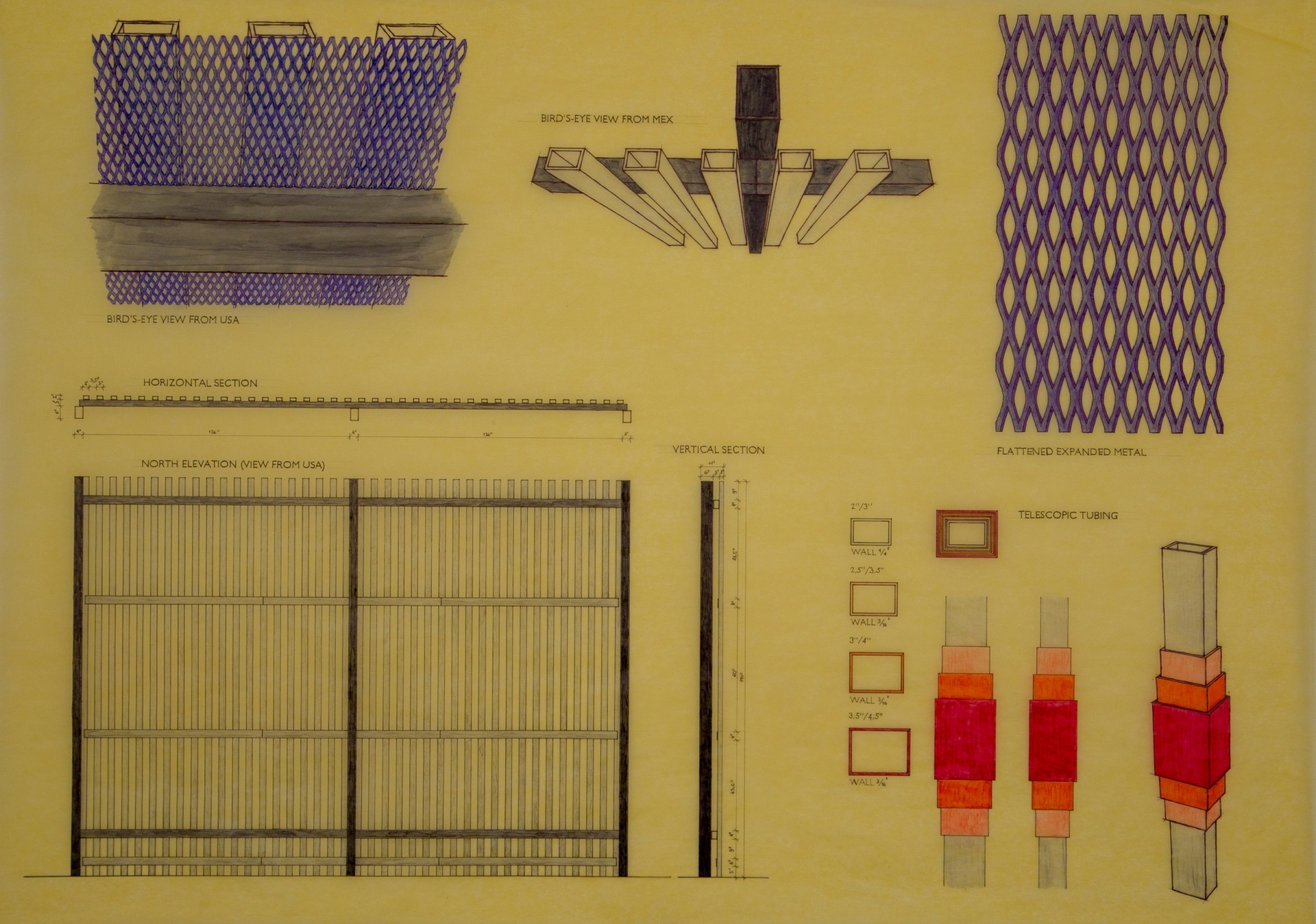 OVIDIU ANTON Details Konstruktion Grenzzaun, Telescopic Tubing. Calexico/Mexicali, 2019 ink and marker on tracing paper 57 x 80 cm Courtesy Christine König Galerie, Vienna and the artist Photo: Simon Veres