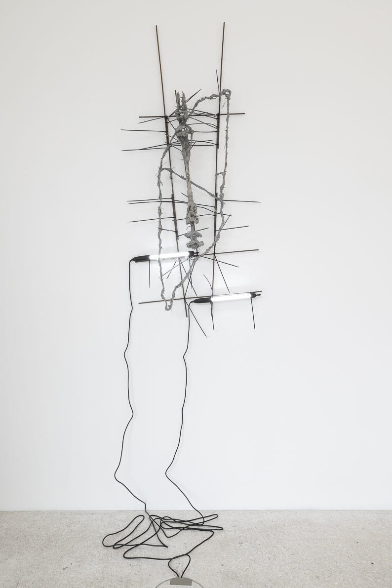 Sami Schlichting, Bone, 2021, Steel, Wire, Cable Ties, Neons, Unfired Clay, Hay, 202 x 92 x 32 cm