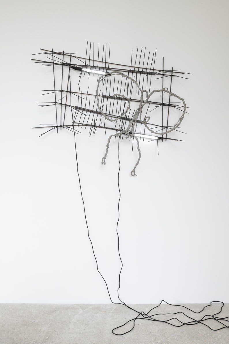 Sami Schlichting, Nu Mattress No. 1, 2021, Steel, Wire, Cable Ties, Neons, Unfired Clay, Hay, 172 x 142 x 32 cm