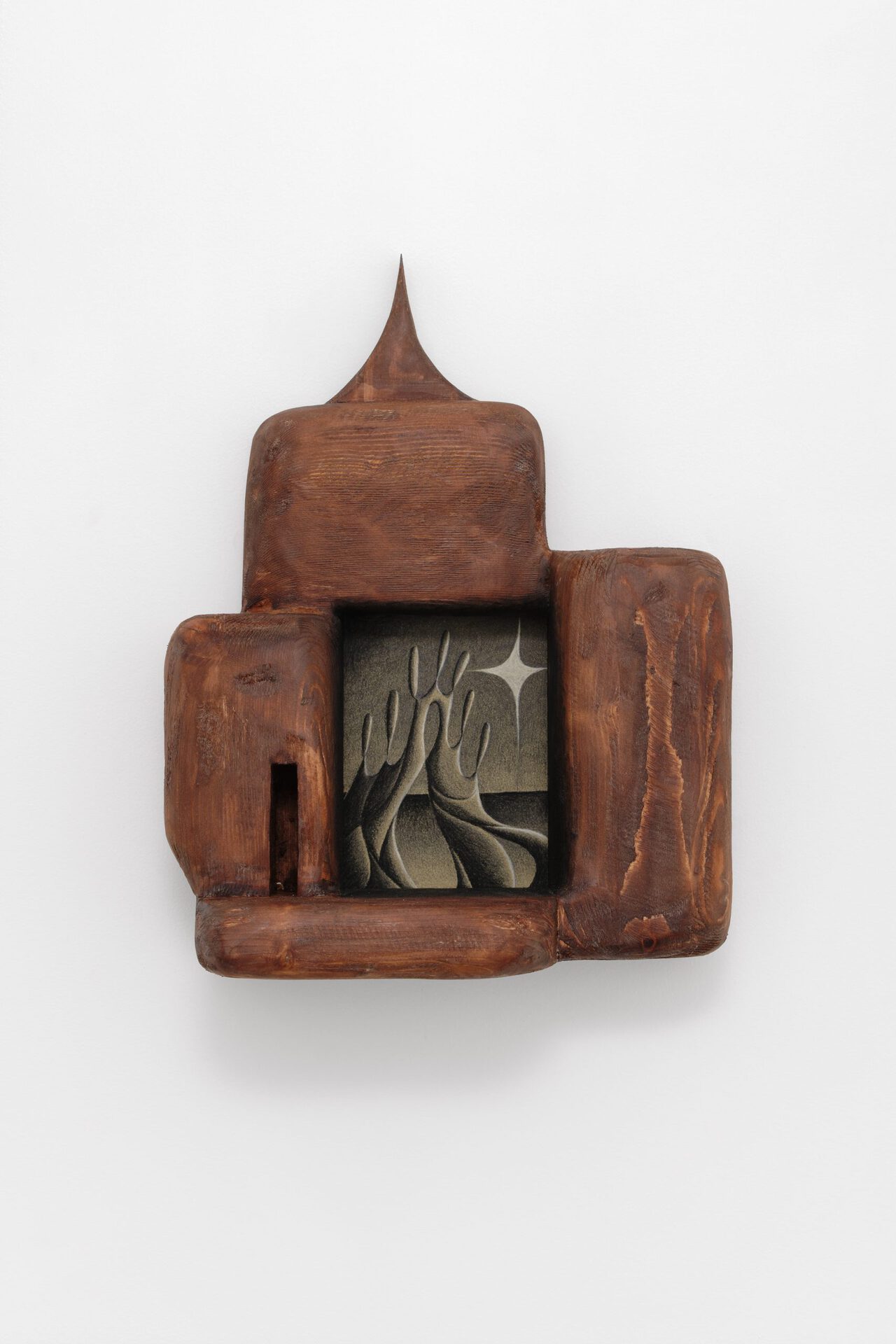 Please don’t block the void, 2021, graphite and chalk pastel on paper, oil paint on wood, 42.5 x 33 x 17 cm, unique