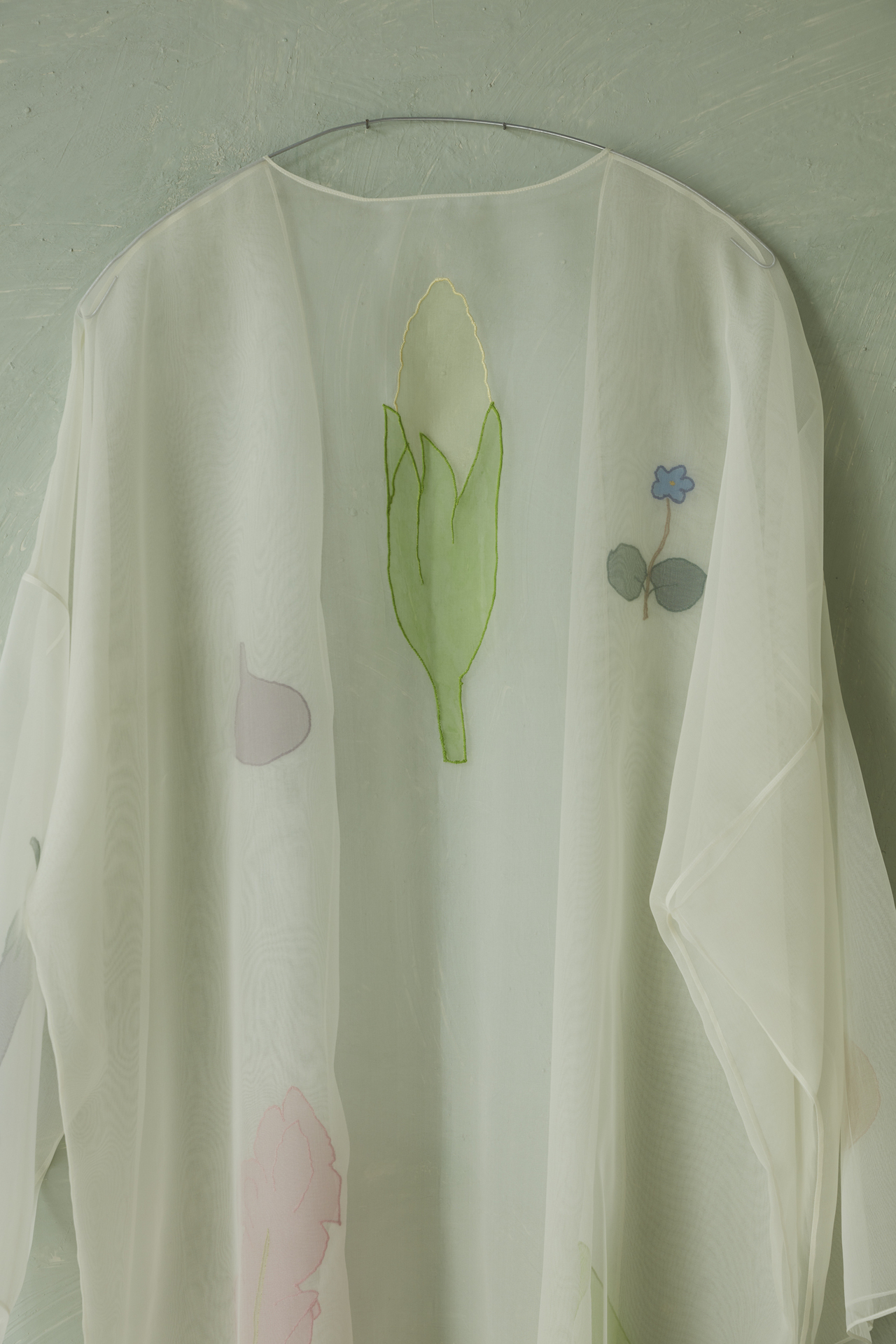 Thea Gvetadze, Khomlis Mtas to Khomli Mountain (detail), 2021, mixed media installation: silk gown, ceramics, old wooden object, 280 × 400 cm