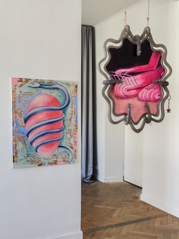 Maciej Nowacki, "Hatching of Something New", 2021 acrylic on canvas, 100x80cm, Krzysztof Grzybacz, "Mirror", 2021 oil and epoxy resin
