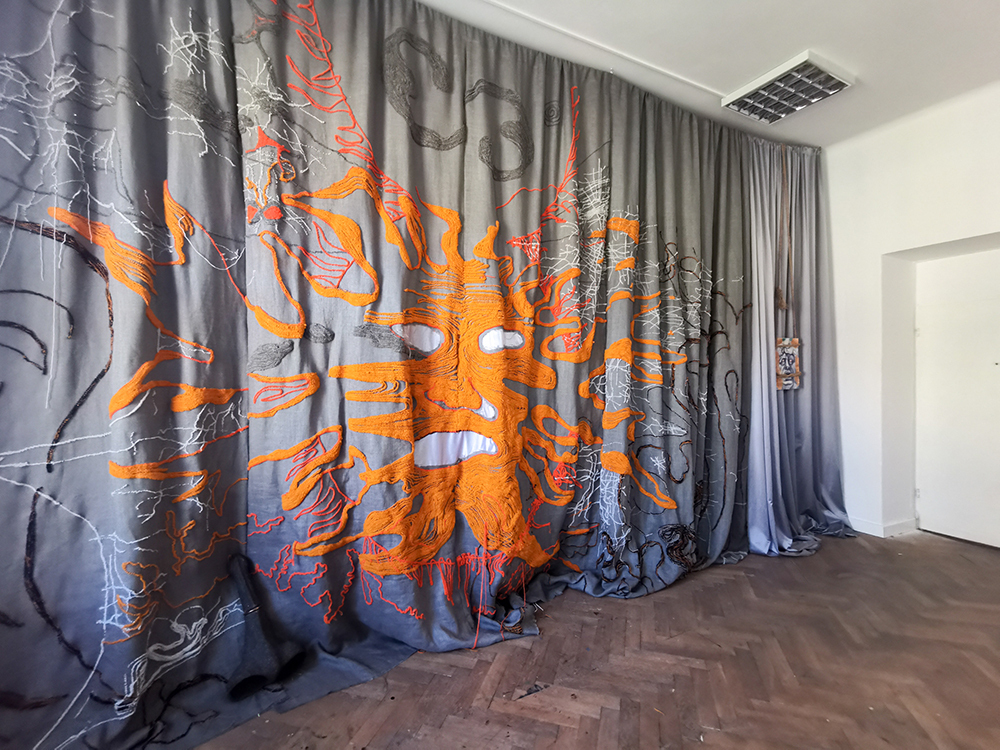 Marta Niedbał, "Sungazing" (alchemical curtain) 2021, wool, jute, 6x4 meters_
